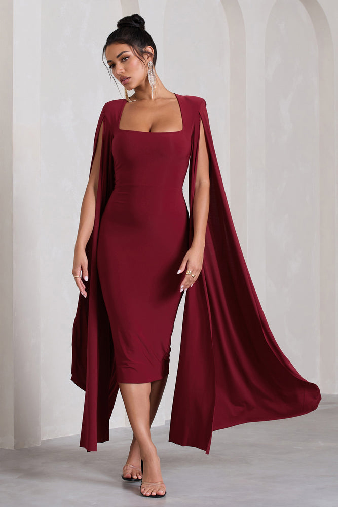 Flawless | Berry Square Neck Midi Dress With Cape Sleeves