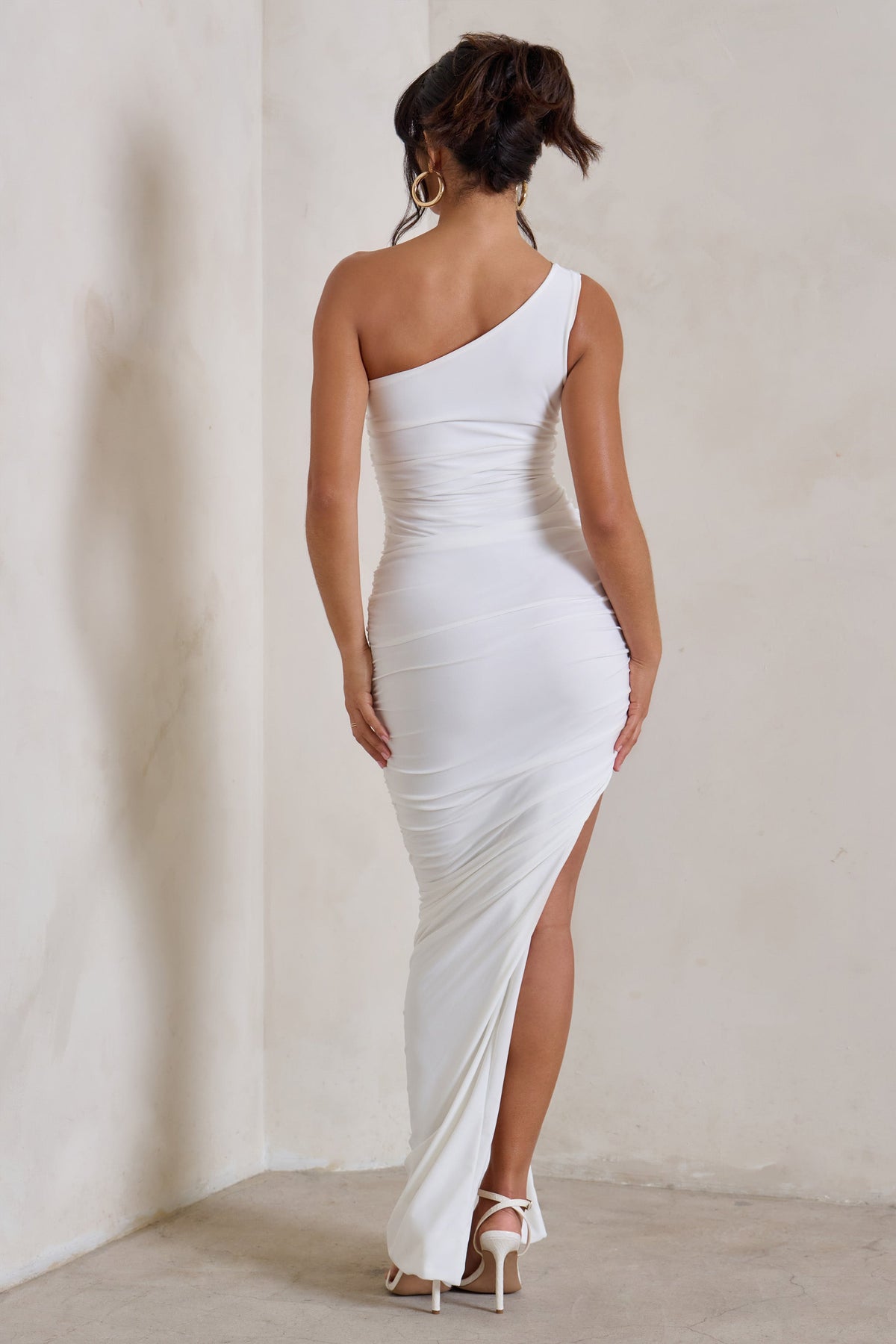Persia White One Shoulder Side Split Ruched Maxi Dress – Club L London - USA