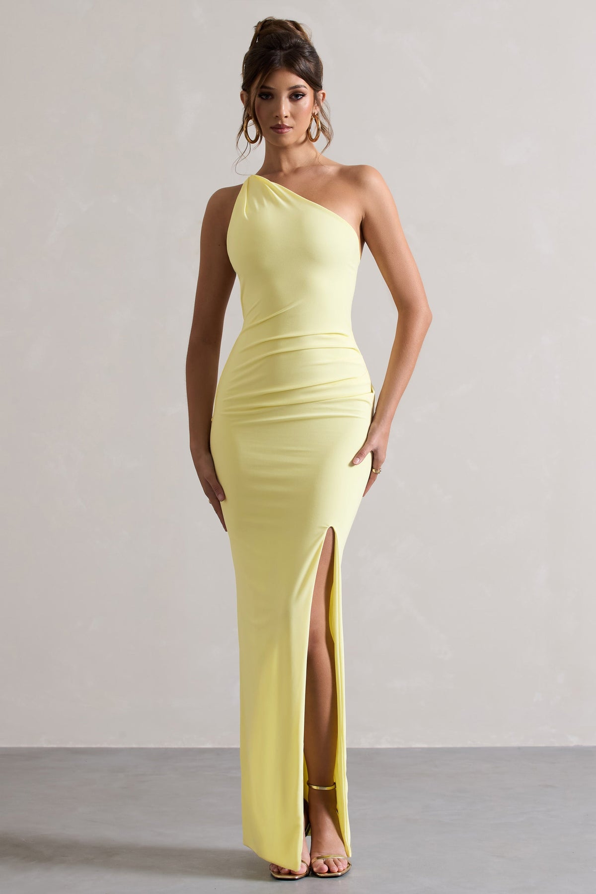 Club L London UK Dressing Up Lemon One Shoulder Maxi Dress with Open Back Detail US 6 Lemon