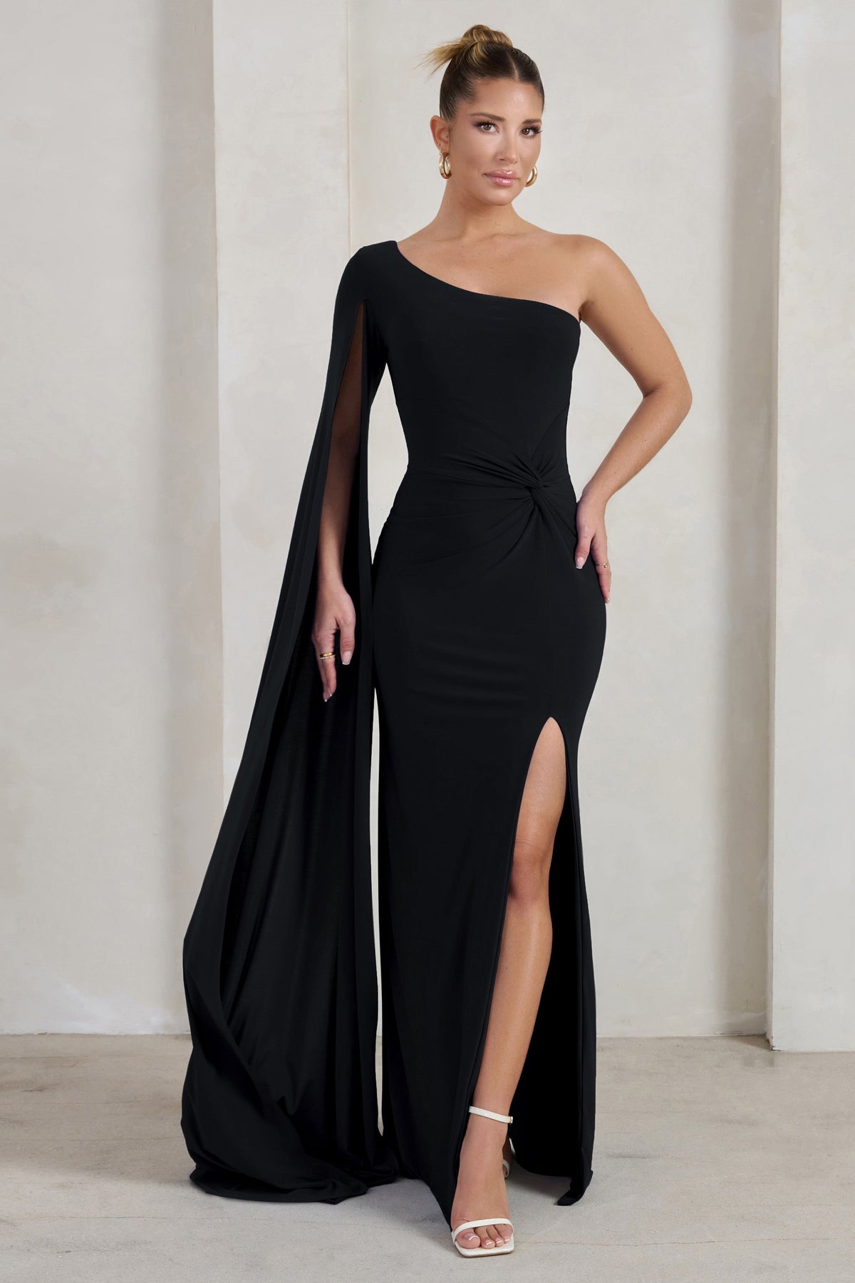 Betty Black High Neck Long Sleeve Maxi Dress with Feather Cuffs