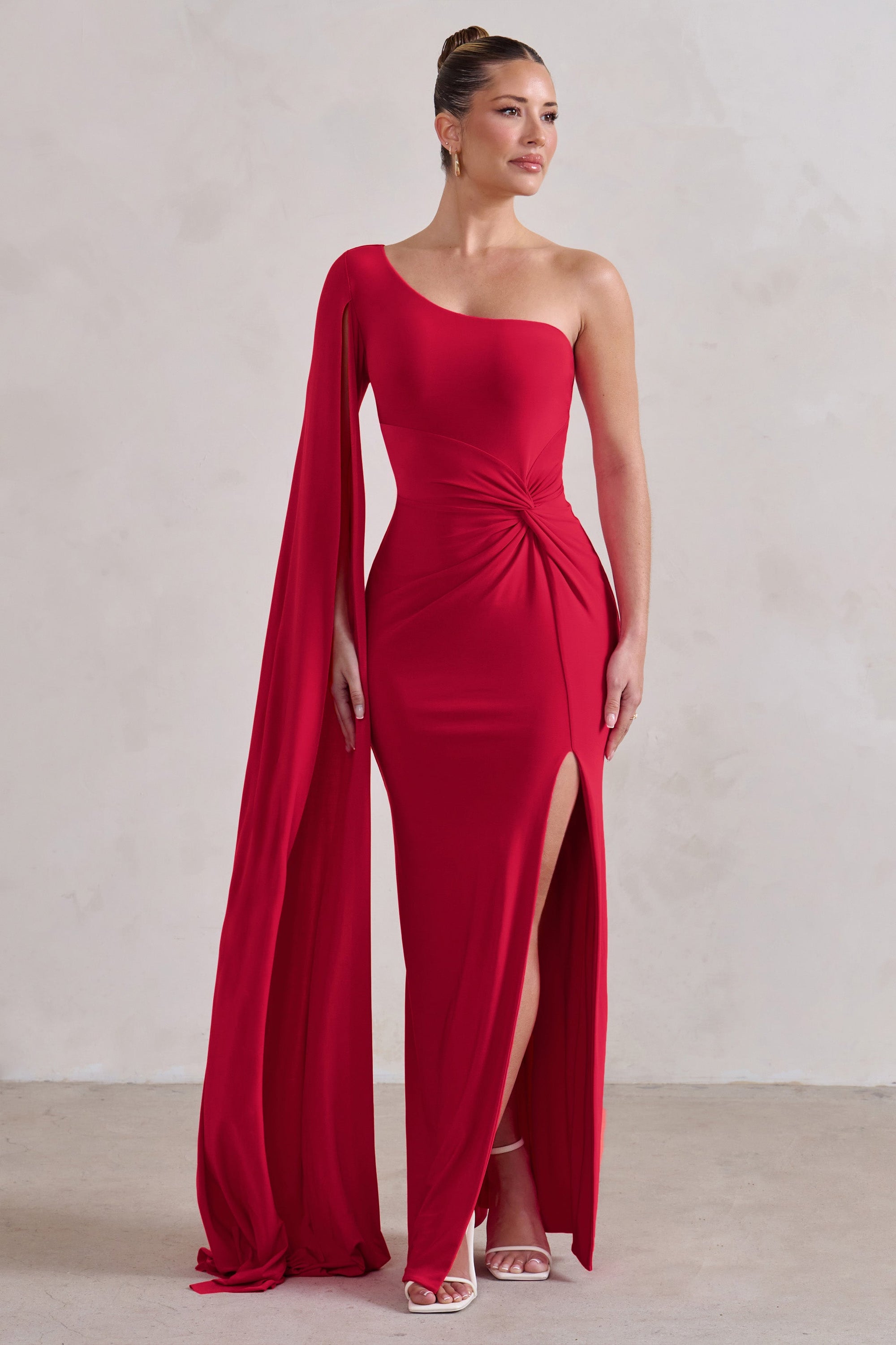 Romi | Red One Shoulder Twist Design Maxi Dress – Club L London