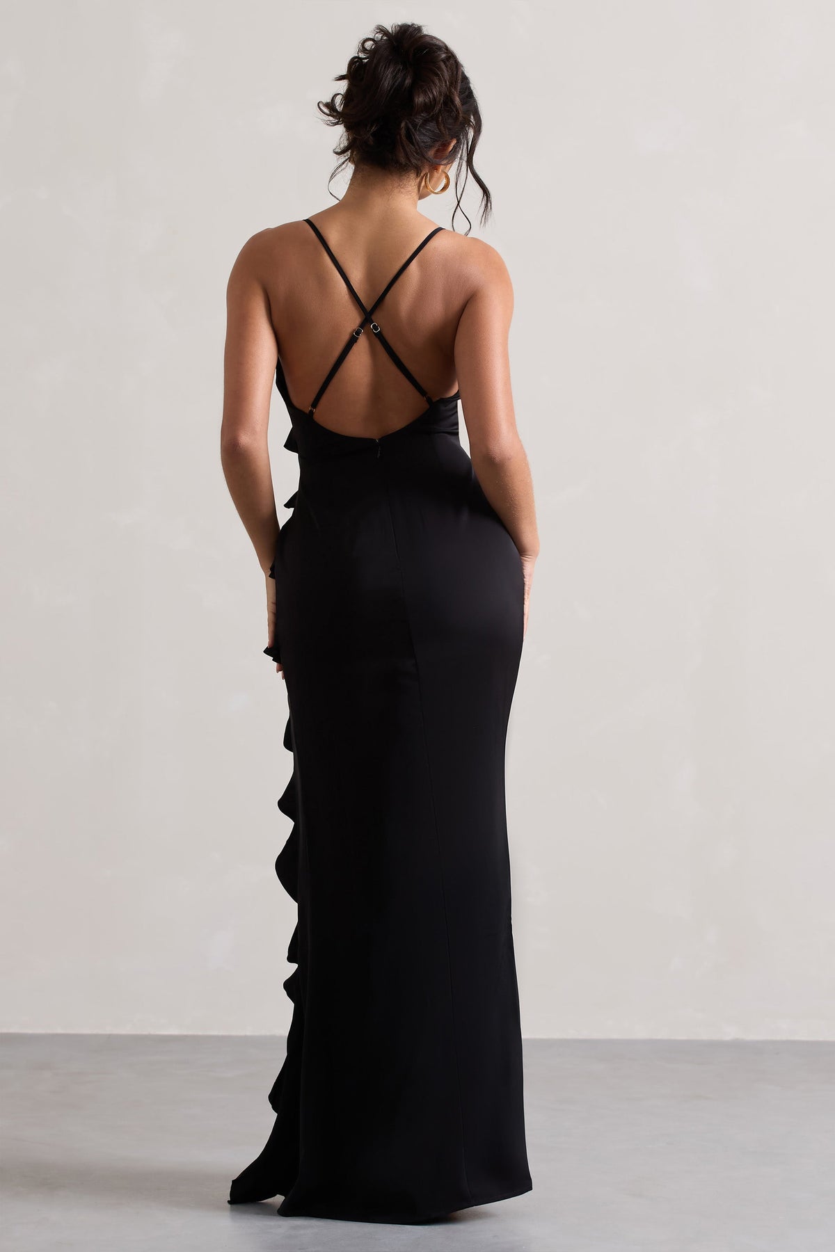 Velvet Ruffle Strap A-Line Dress in Black
