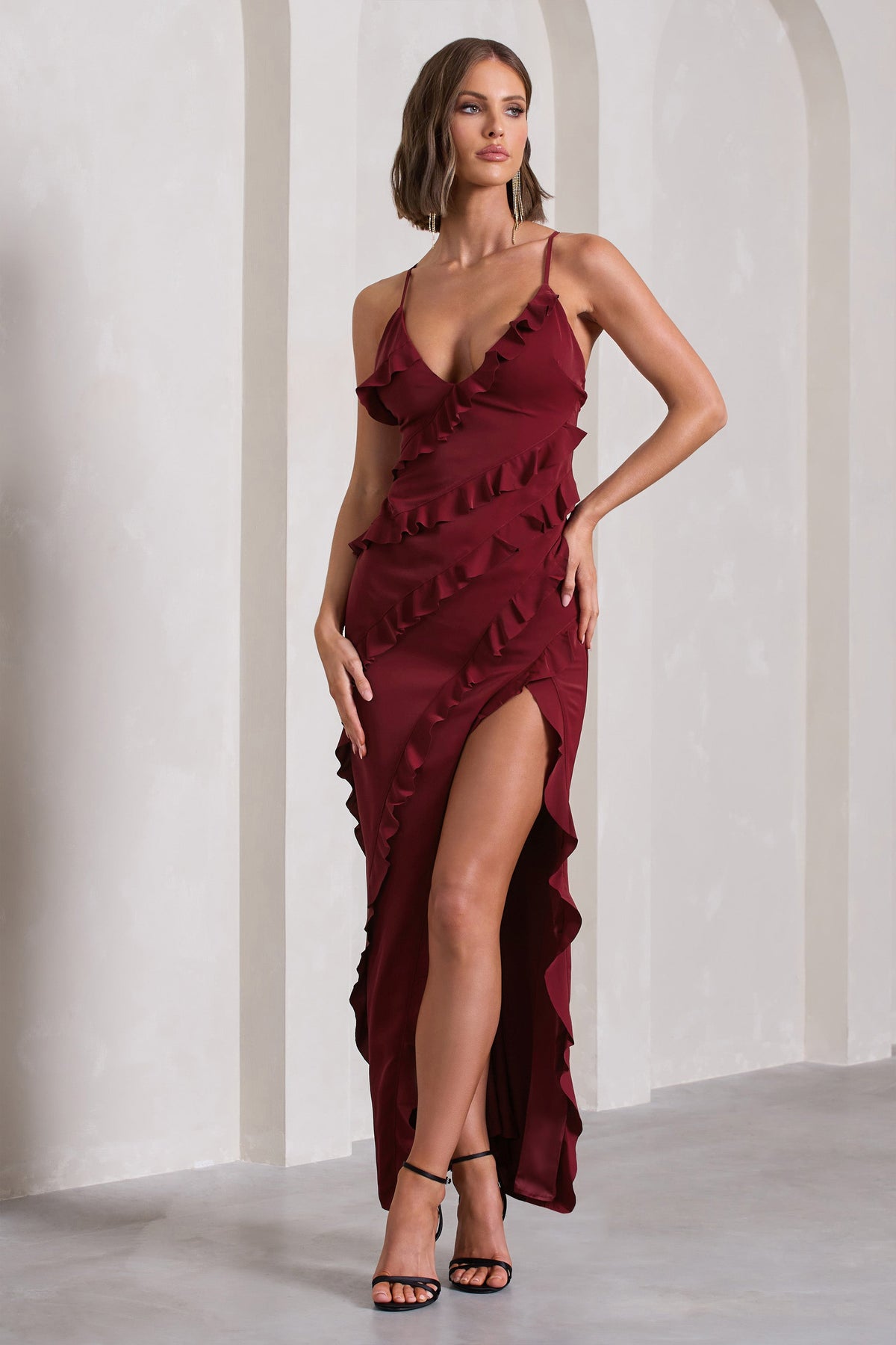 Run The World Burgundy Sweetheart Neckline Ruffle Maxi Dress 