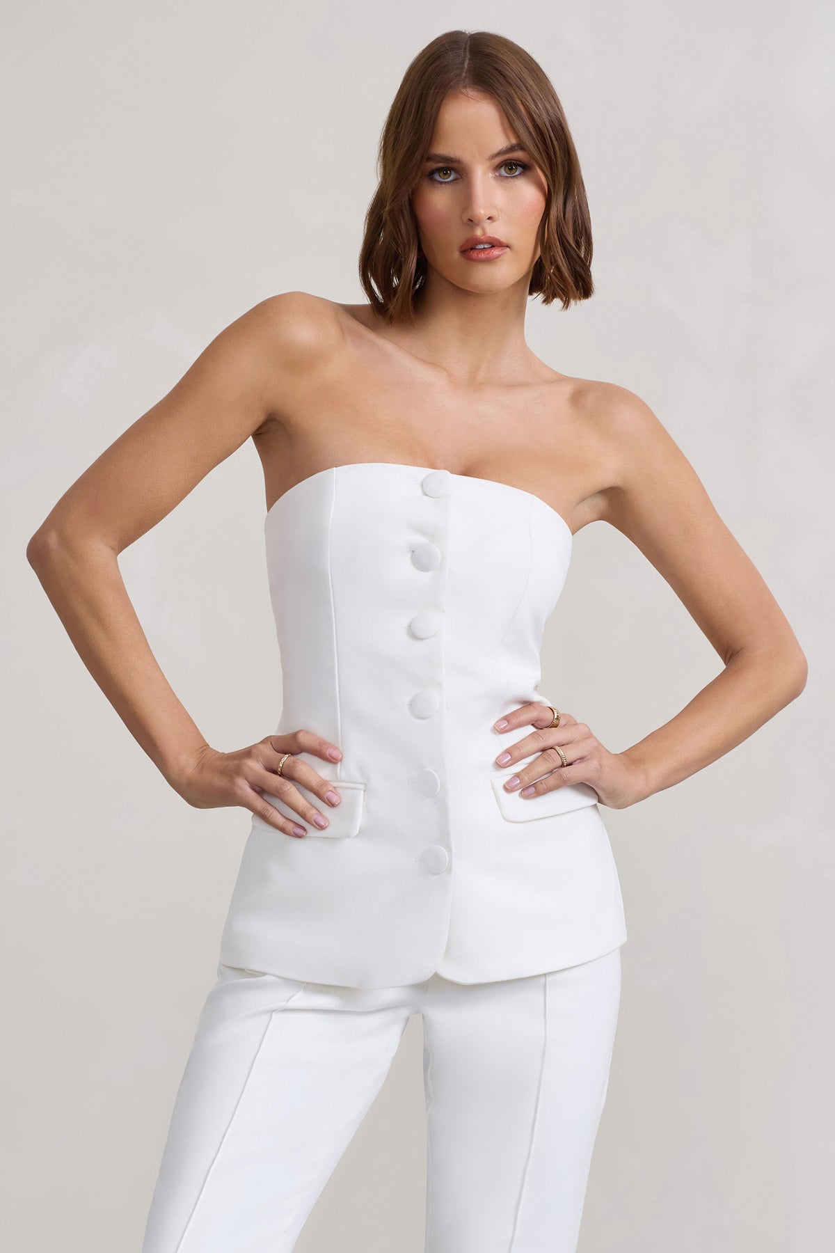 Elliana White Strapless Button Front Tailored Top – Club L London