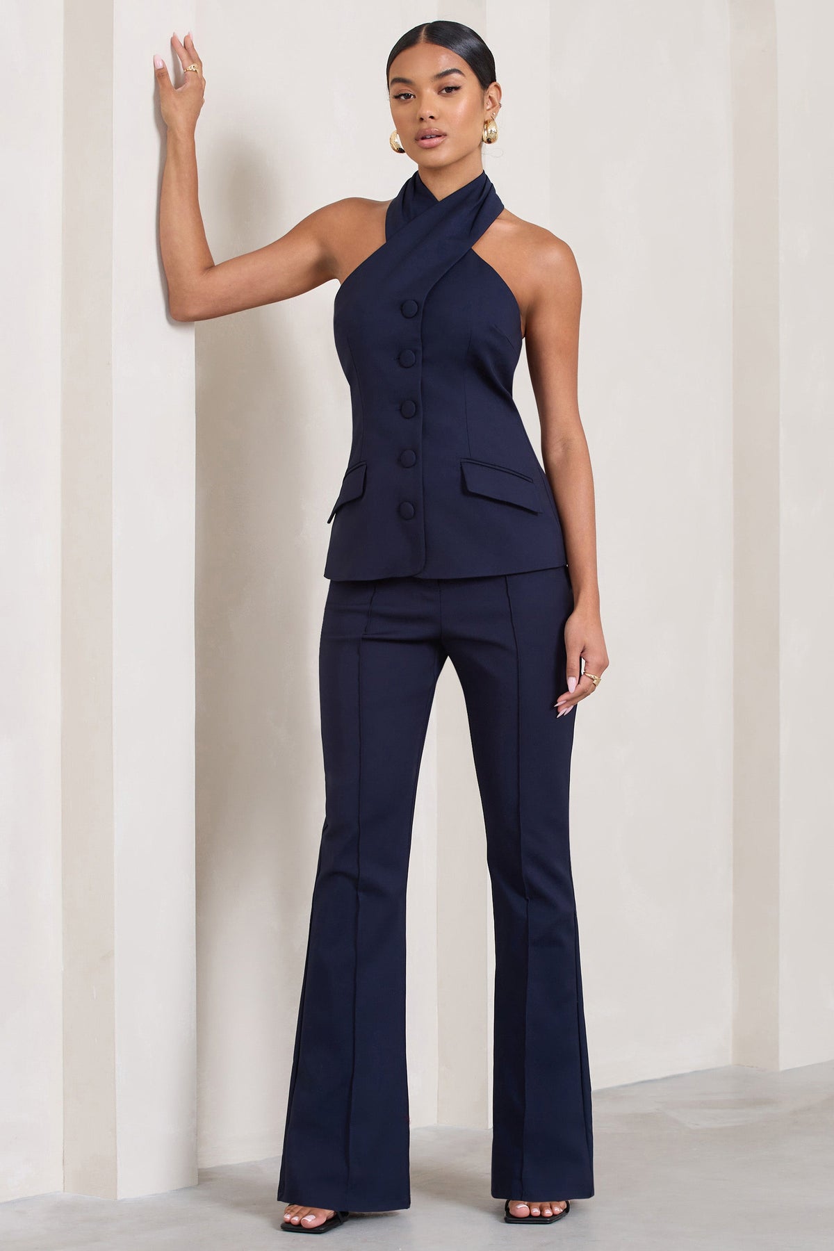 Remi Navy Cross Halter Neck Tailored Sleeveless Blazer Top – Club L London  - USA