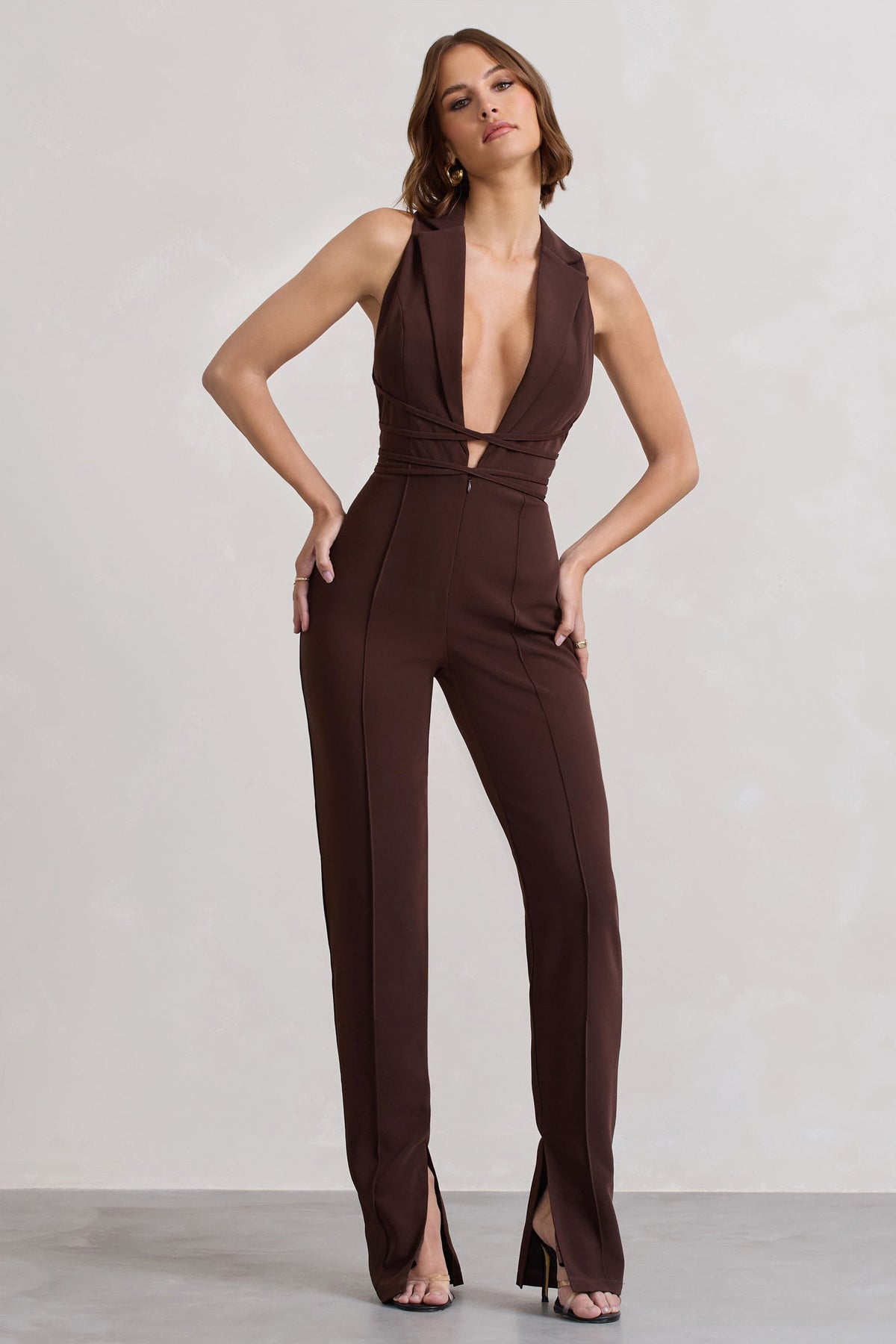 Darcy | Chocolate Brown Plunge Neck Tailored Jumpsuit With Tie Detail