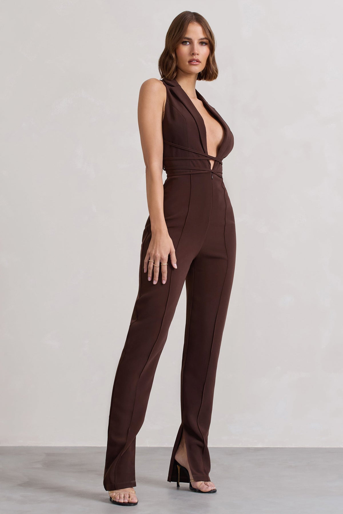 Darcy | Chocolate Brown Plunge Neck Tailored Jumpsuit With Tie Detail