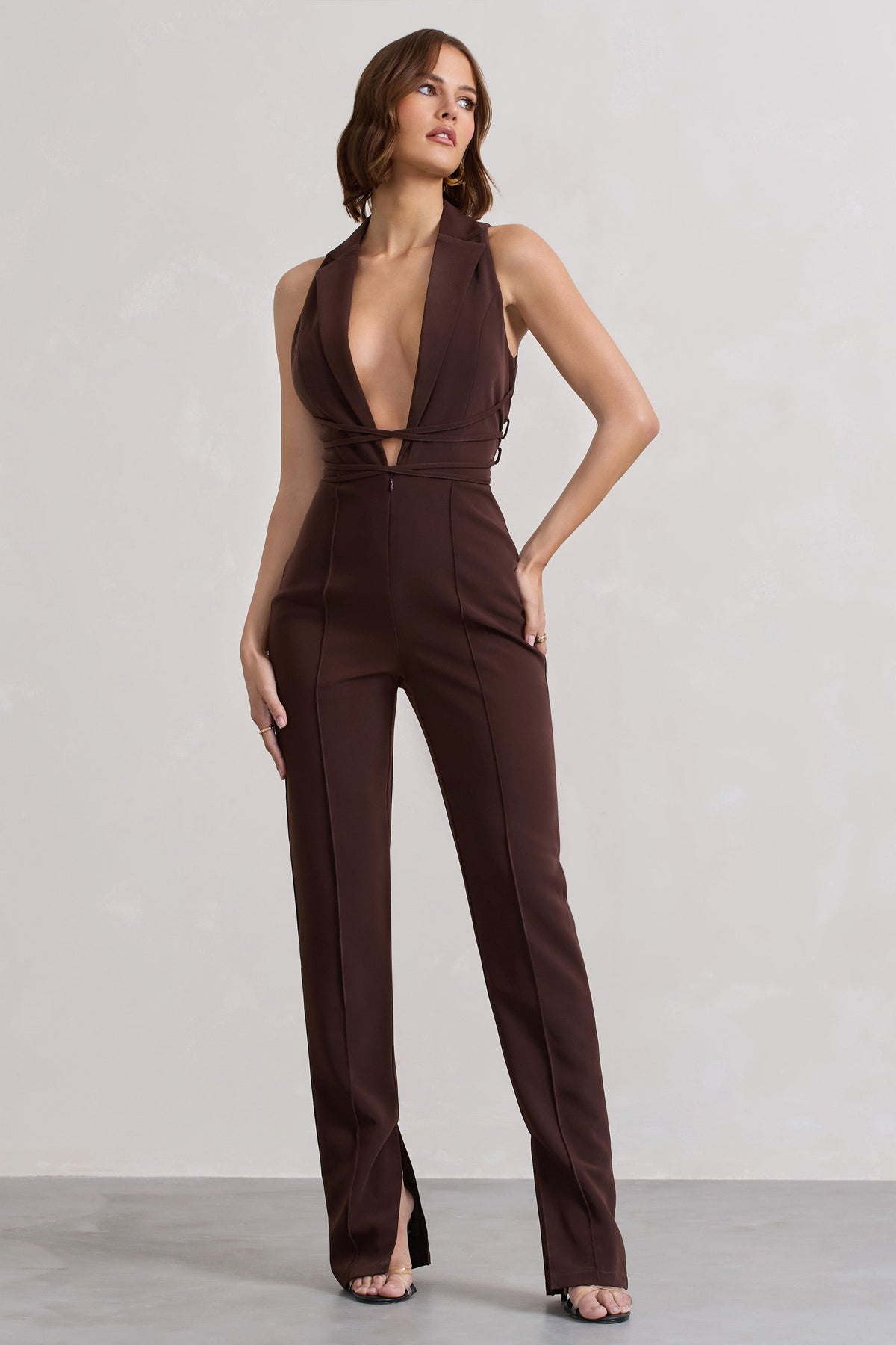 Darcy | Chocolate Brown Plunge Neck Tailored Jumpsuit With Tie Detail