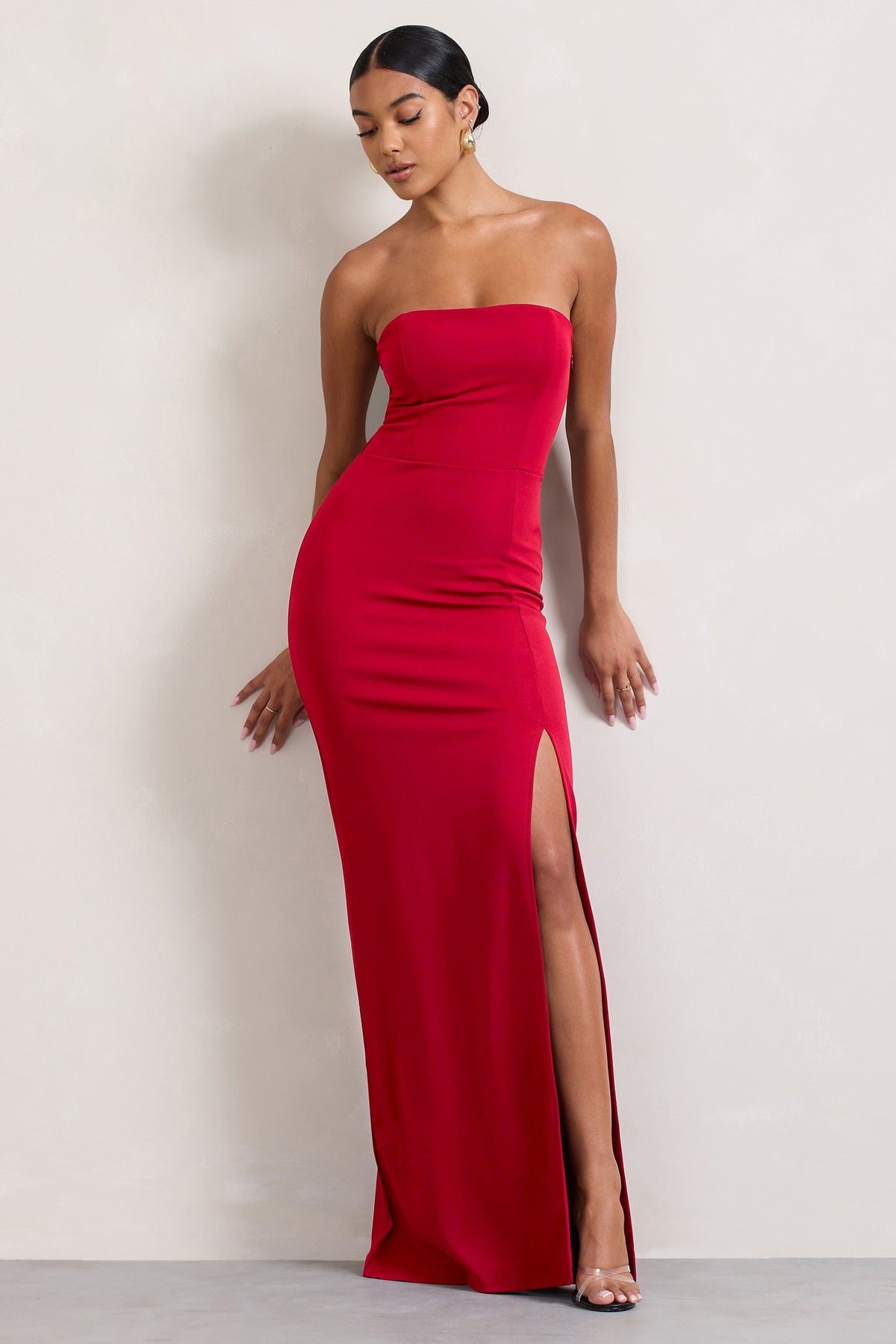Belle of The Ball | Red Bandeau Maxi Dress with Split Hem, US 6 / Red
