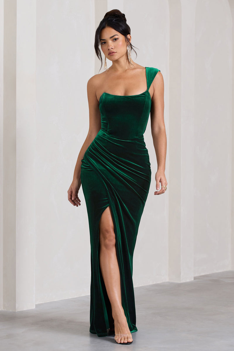 Jessica Bottle Green Velvet One Shoulder Corset Style Wrap Maxi Dres ...