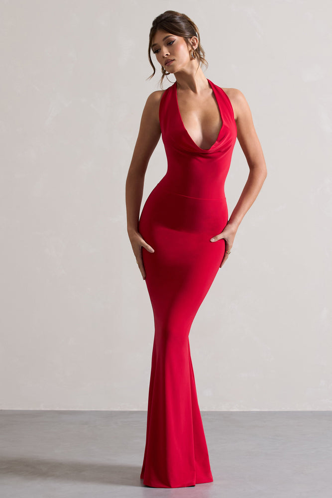 Milani Red Backless Cowl Neck Fishtail Maxi Dress – Club L London