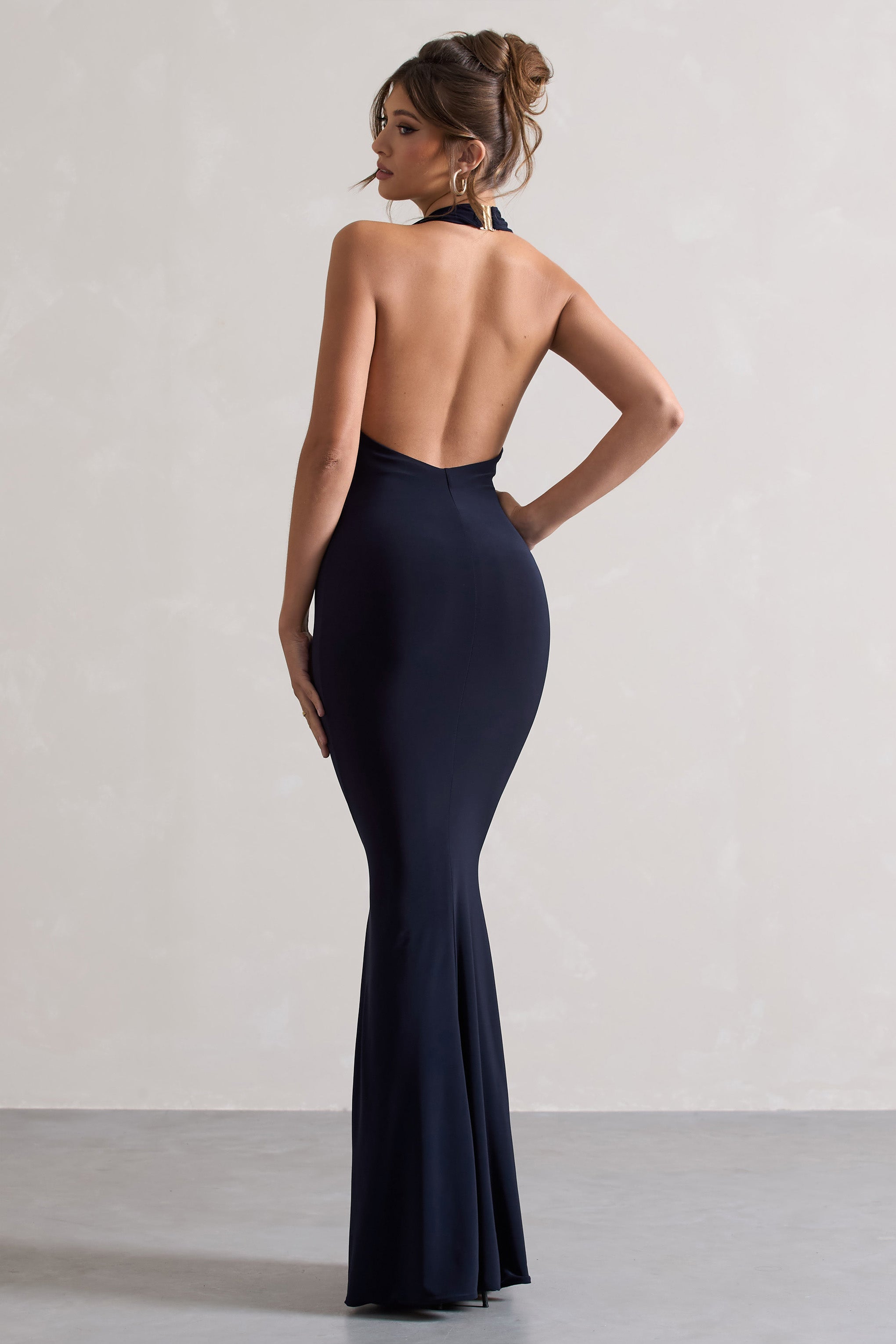 Milani Navy Backless Cowl Neck Fishtail Maxi Dress Midi Dresses