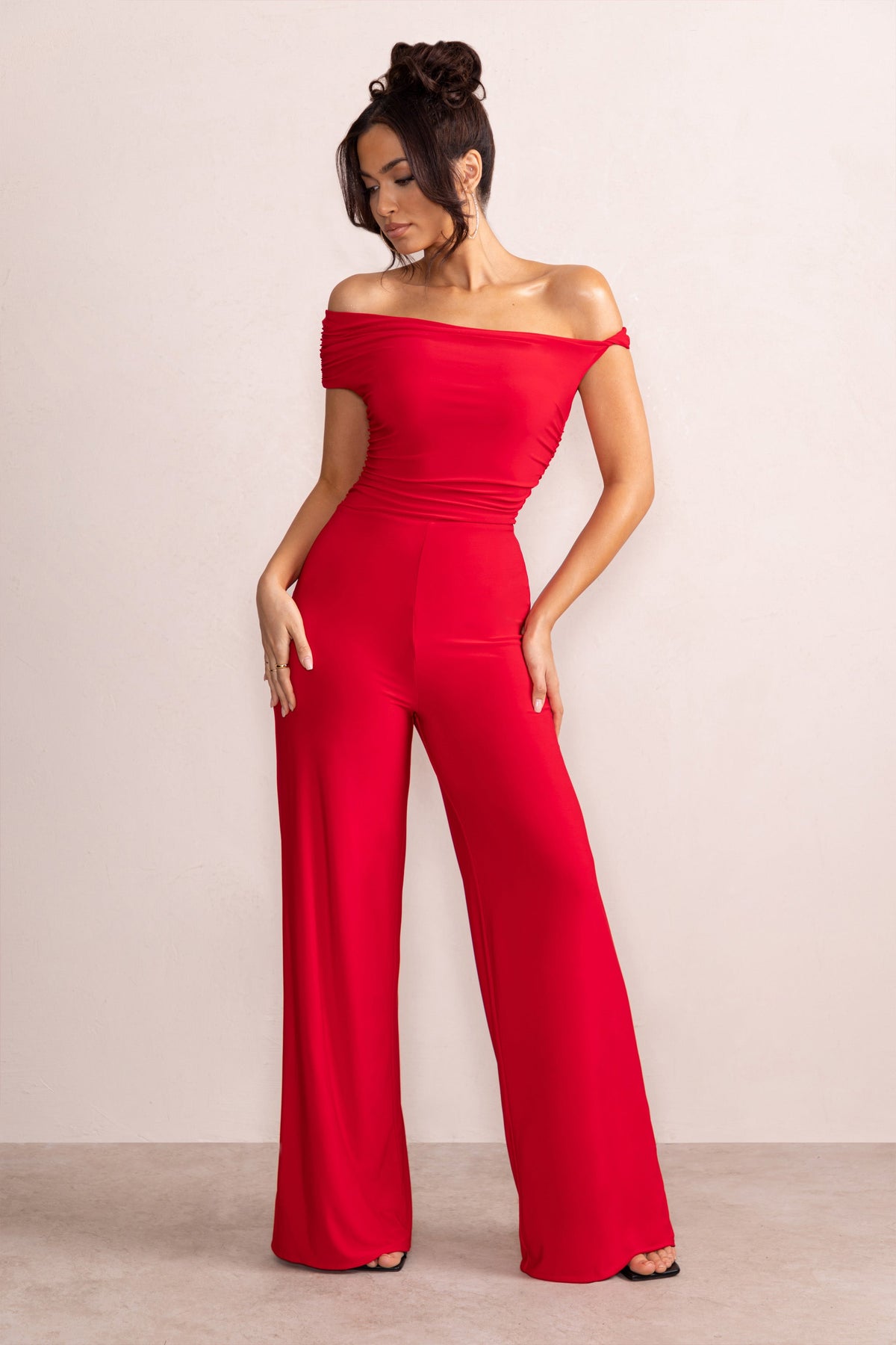 Avery Red Asymmetric Bardot Ruched Jumpsuit With Wide Leg – Club L