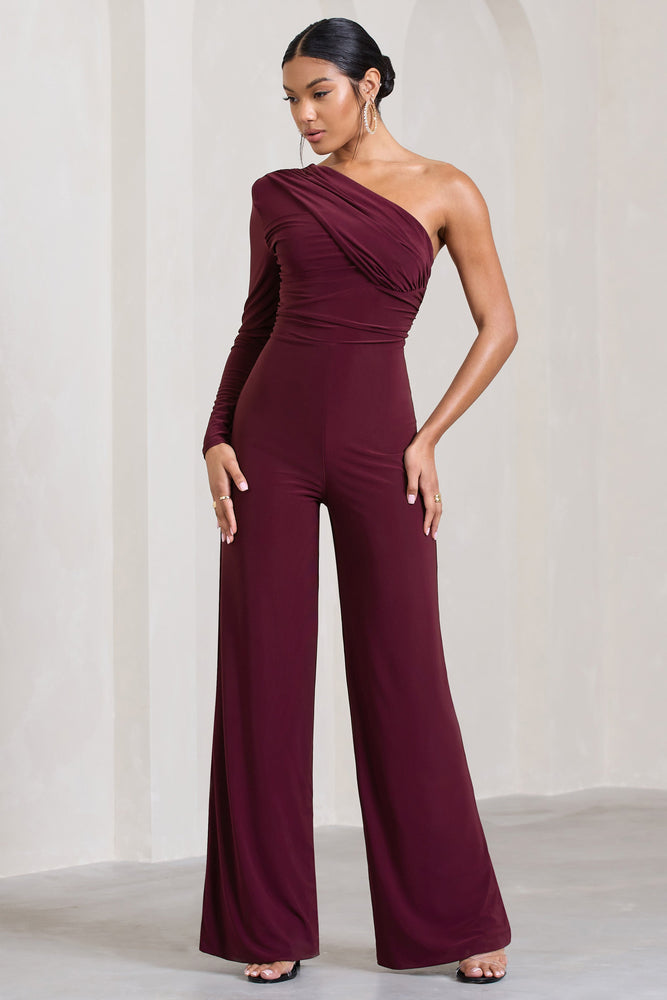 Mila Burgundy One Shoulder Ruched Wide Leg Jumpsuit – Club L