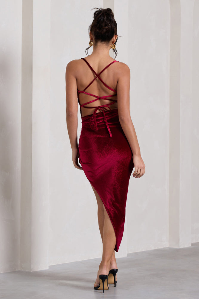 Risk It All Berry Velvet Cami Cowl Neck Asymmetric Hem Midi Dress – Club L  London - USA