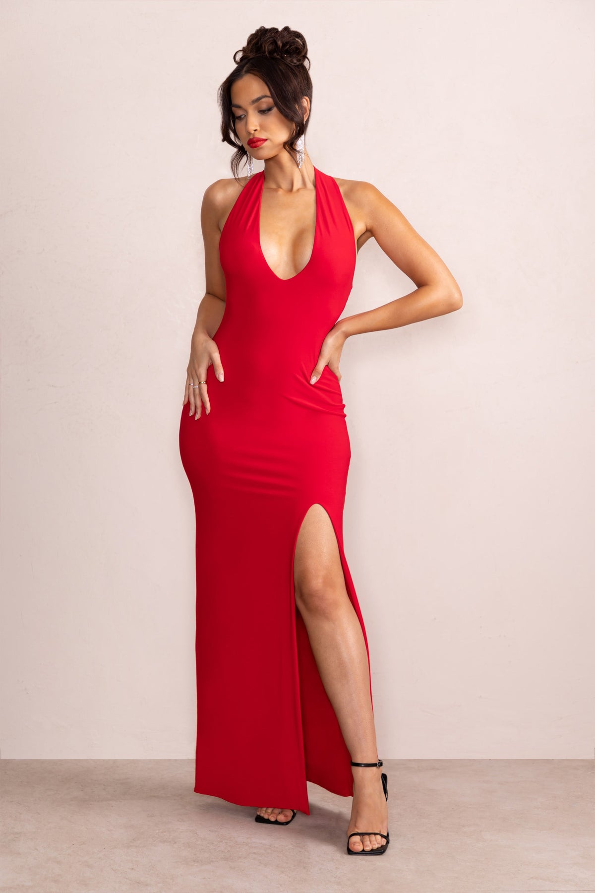 Red Satin Plunge-V neck Homecoming Dress