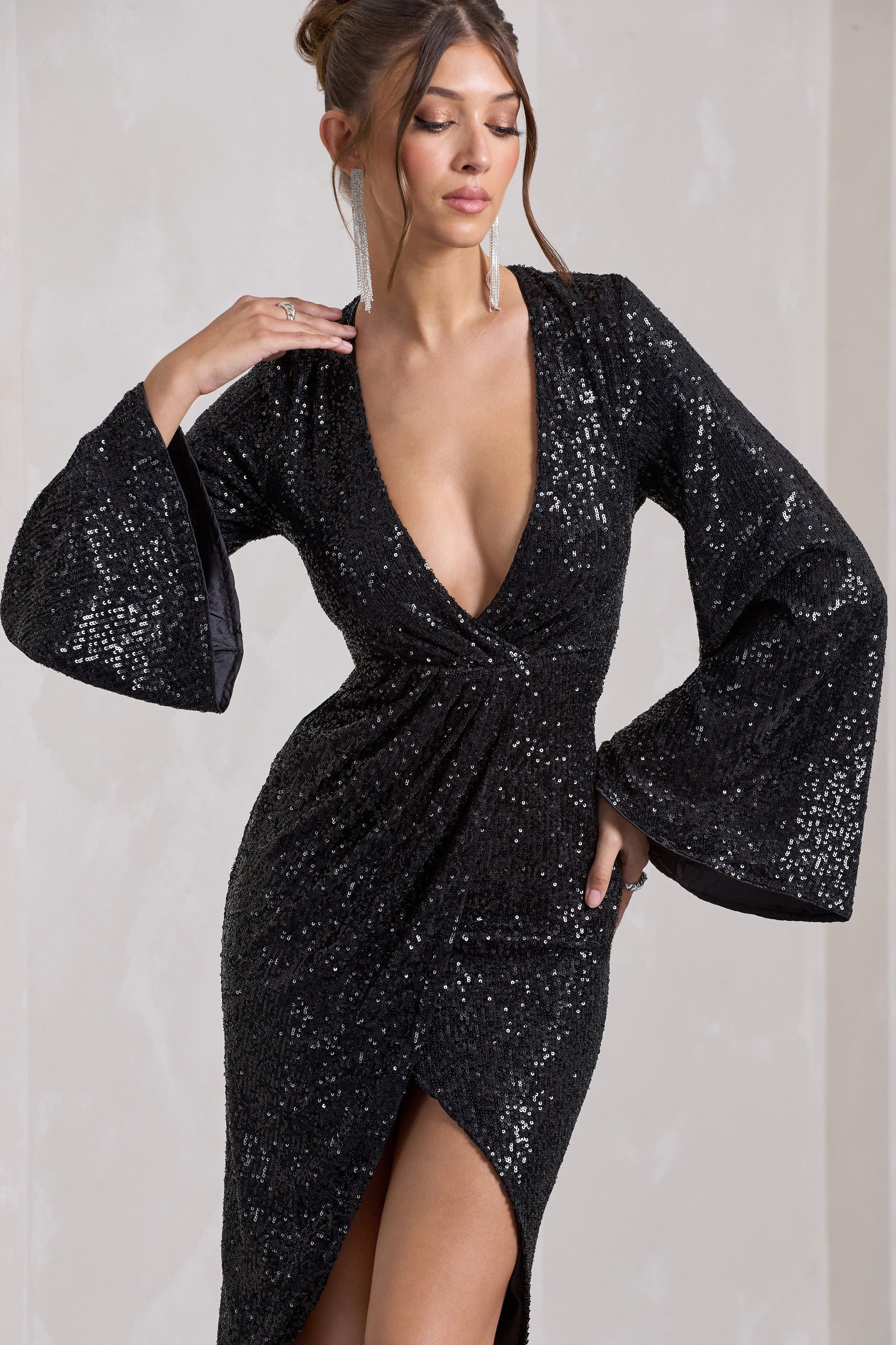 black wrap glitter dress Goddiva Sequin Glitter Lurex Long Sleeve Wrap Maxi Dress