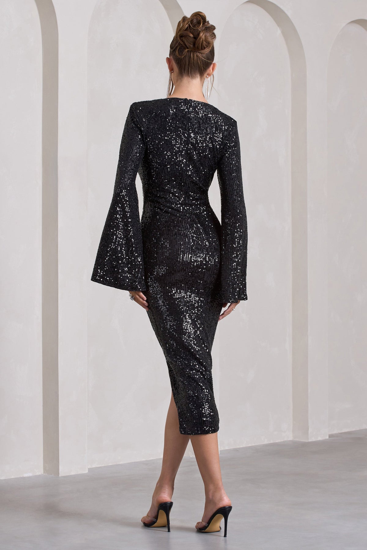 Amber | Black Sequin Plunge Wrap Midi Dress US 2 / Black Amber | Black Sequin Plunge Wrap Midi Dress US 2 / Black