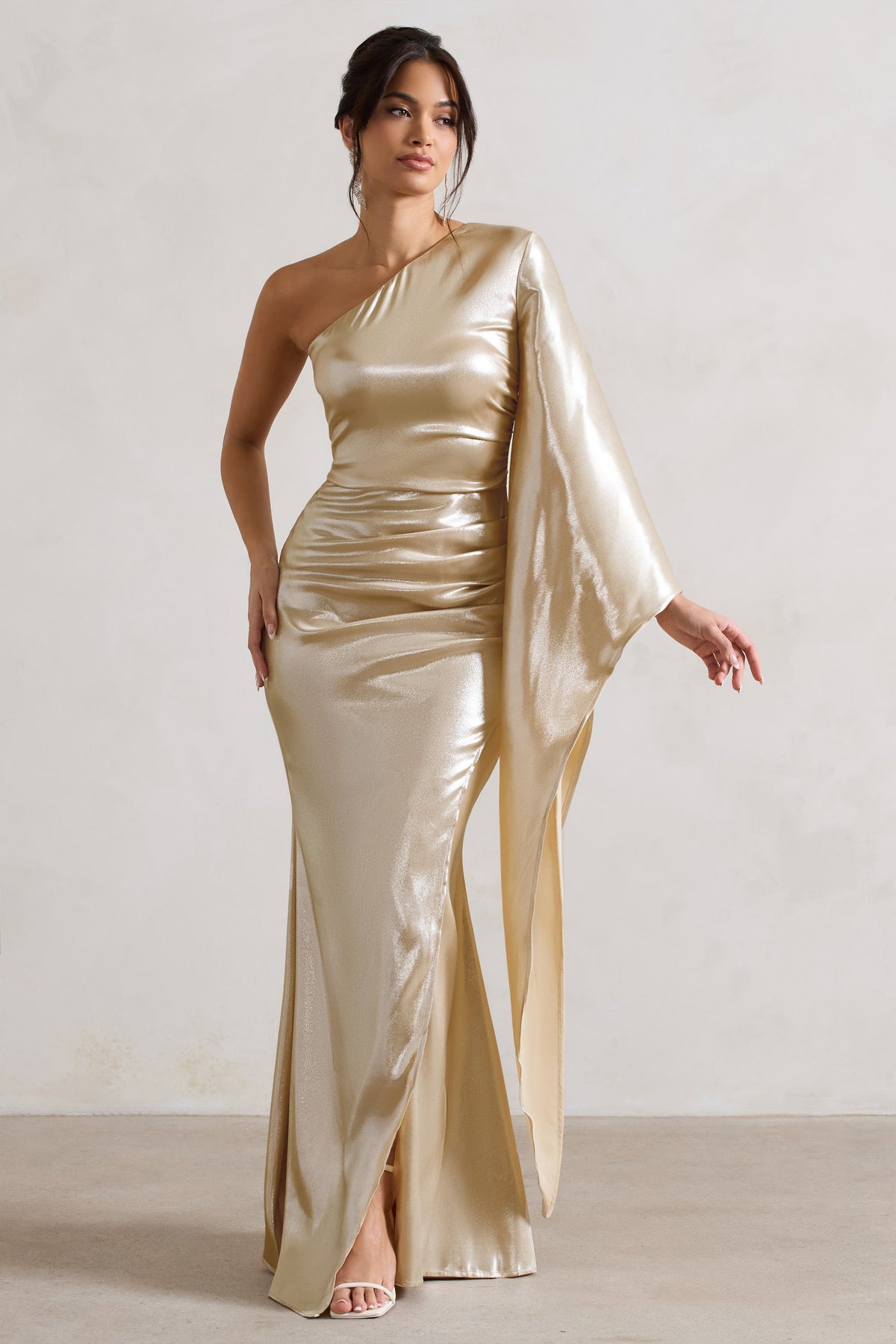 Bex Champagne One Shoulder Cape Maxi Dress with Ruched Waist and Thi – Club  L London - USA