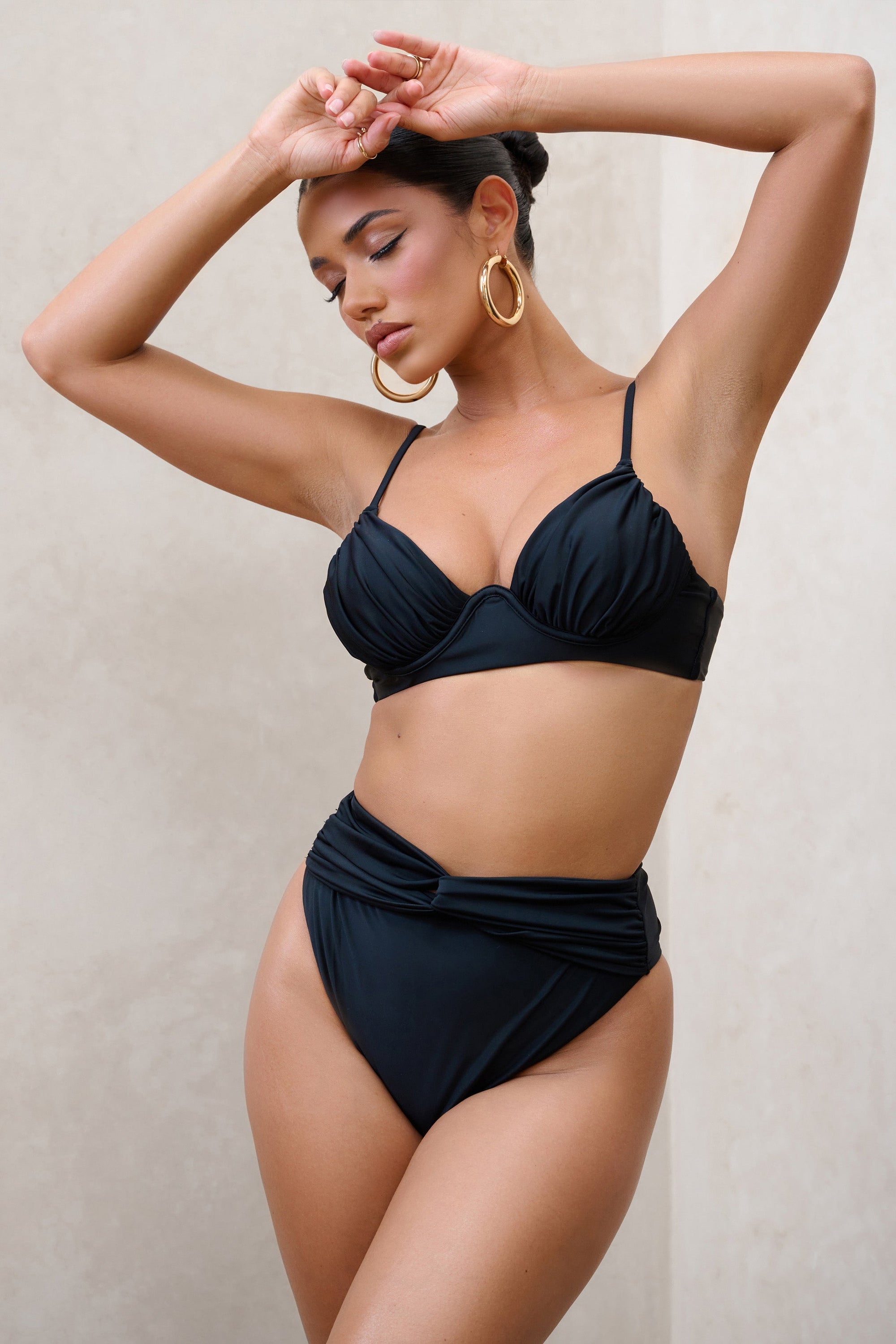High Tide | Black High Waisted Twist Front Bikini Bottoms - Club L London - USA