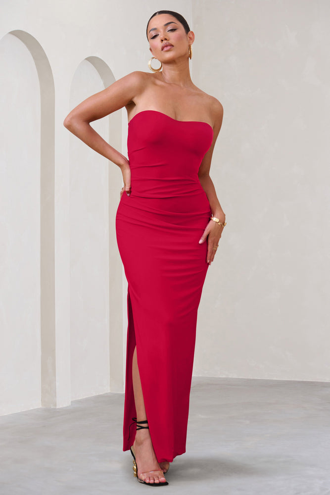 Manon | Red Sweetheart Bandeau Maxi Dress With Thigh Split