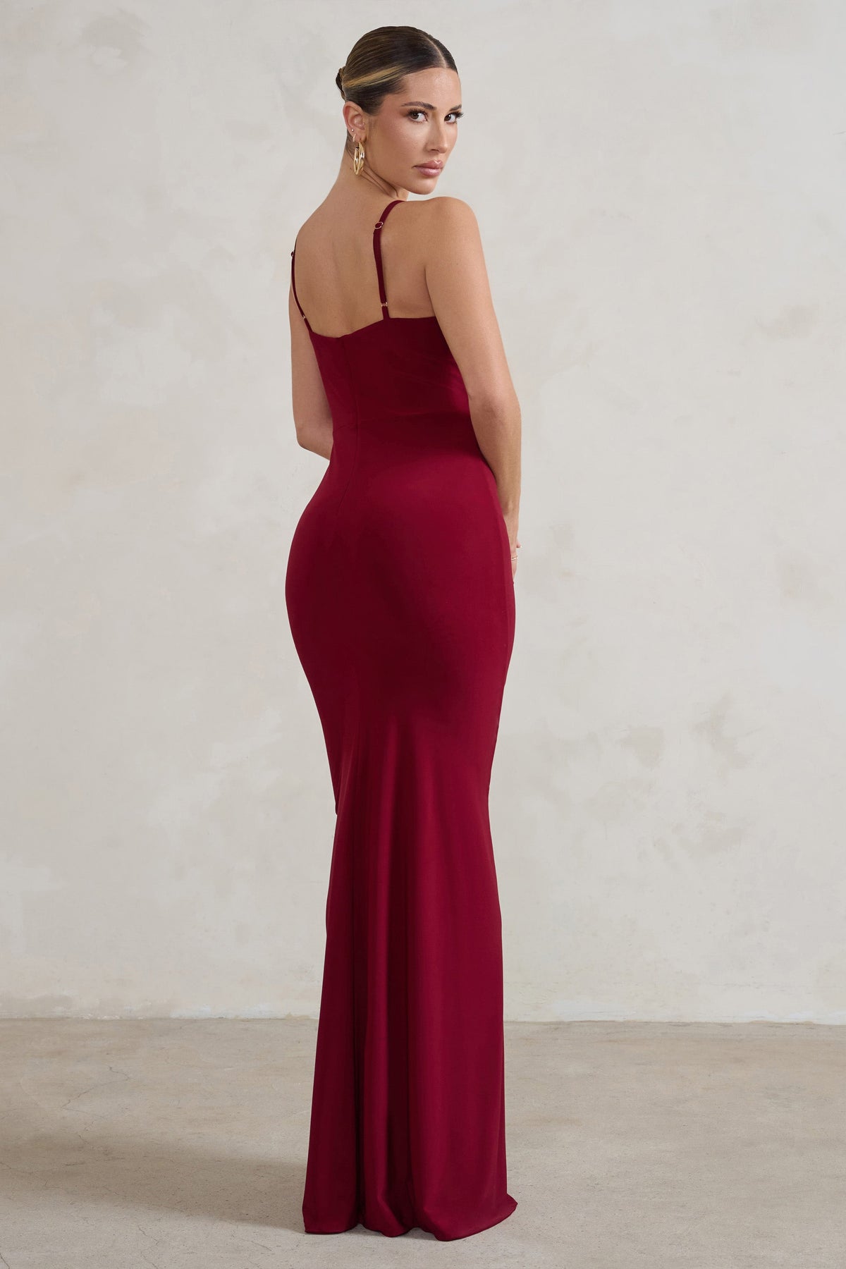 Red Maxi Dress - Bodycon Dress With Slit - Runched Dress
