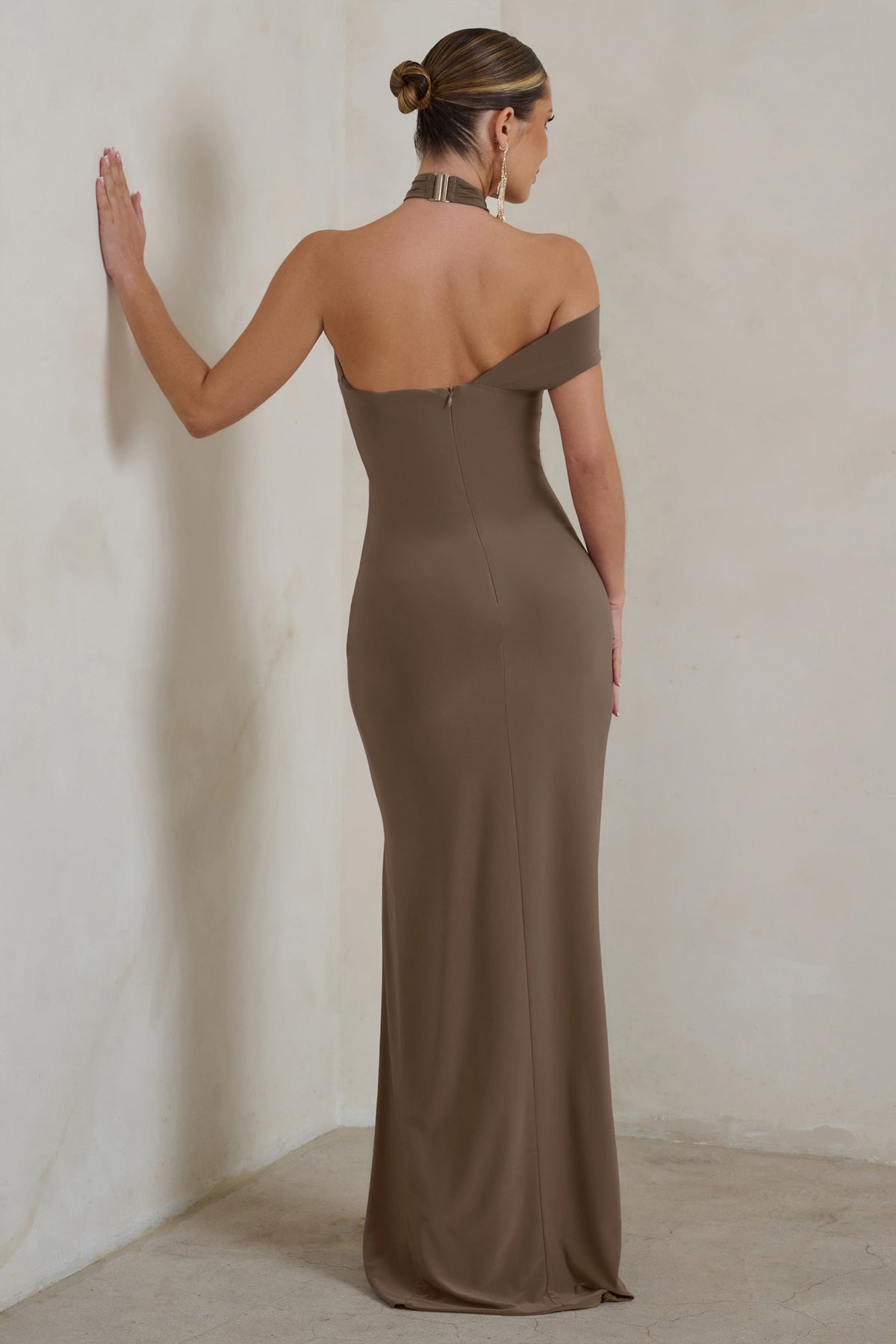 Clementine | Mocha Asymmetric Neckline Maxi Dress With Thigh Split