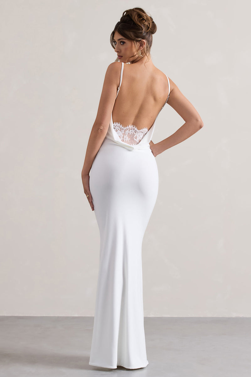 Francoise White Cowl Neck Backless Maxi Dress With Lace Insert – Club L ...