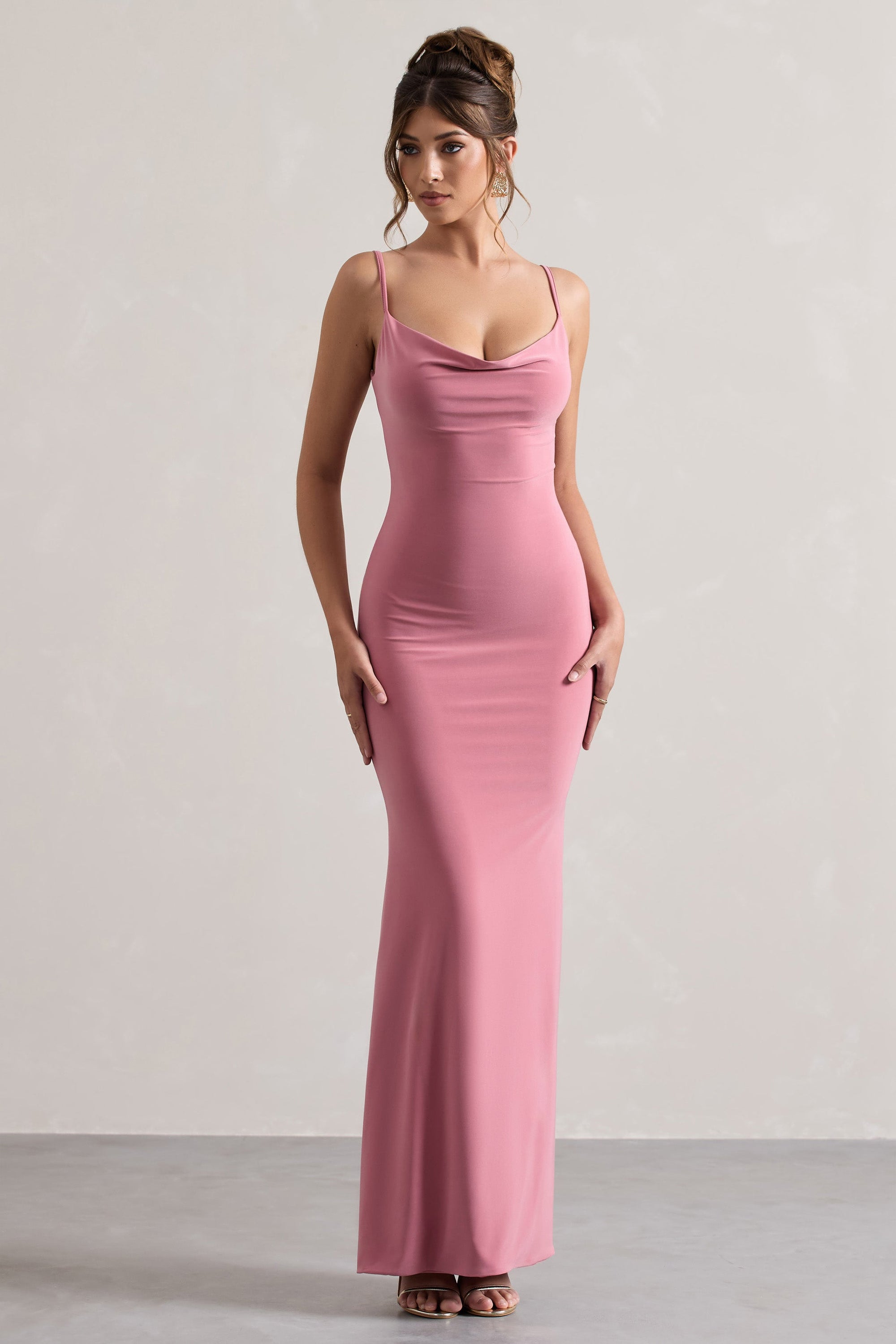 Francoise | Blush Cowl Neck Backless Maxi Dress With Lace Insert - Club L London - USA