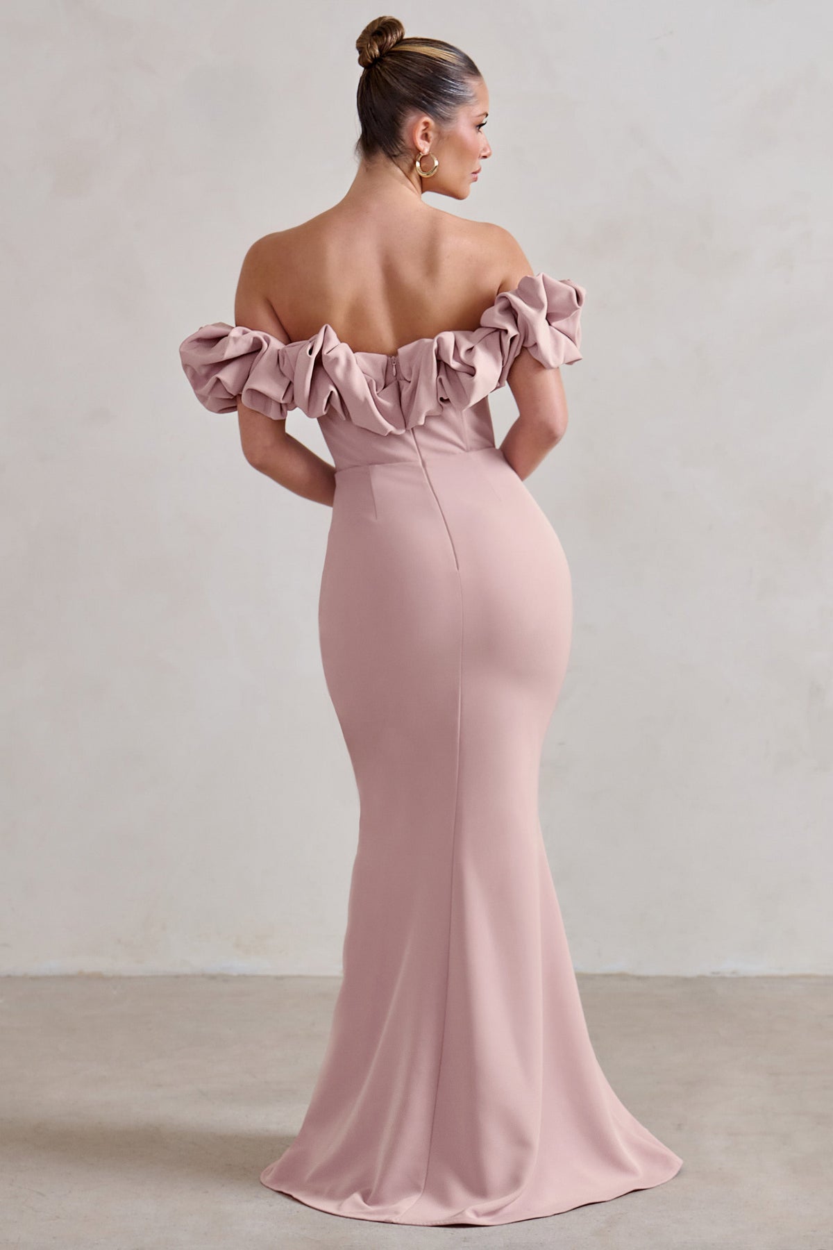 Italian Structured Satin Ruffle Bardot Maxi Dress