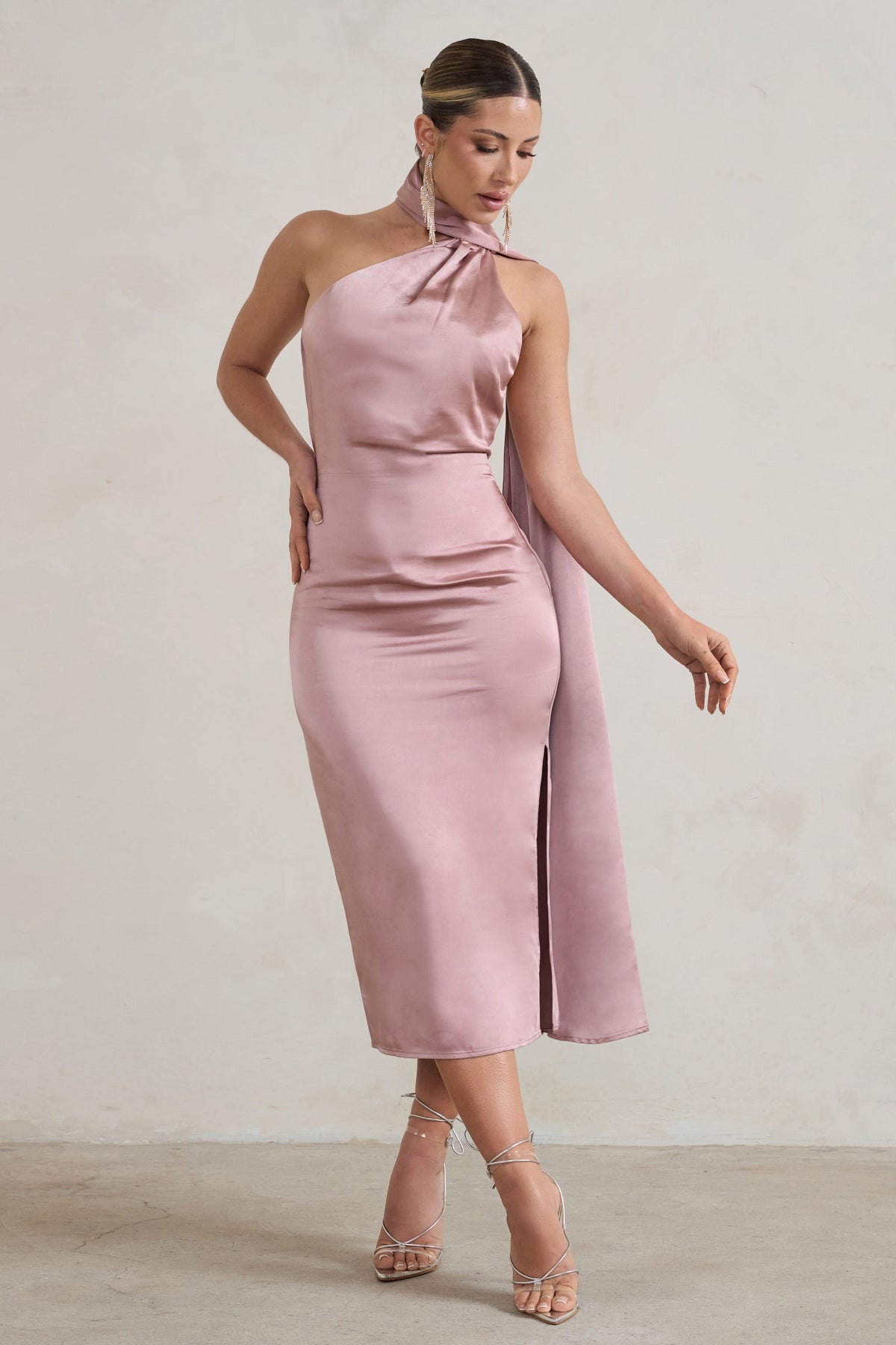 Madame Blush Pink Satin Asymmetric Scarf Neck Backless Midi Dress – Club L  London - USA