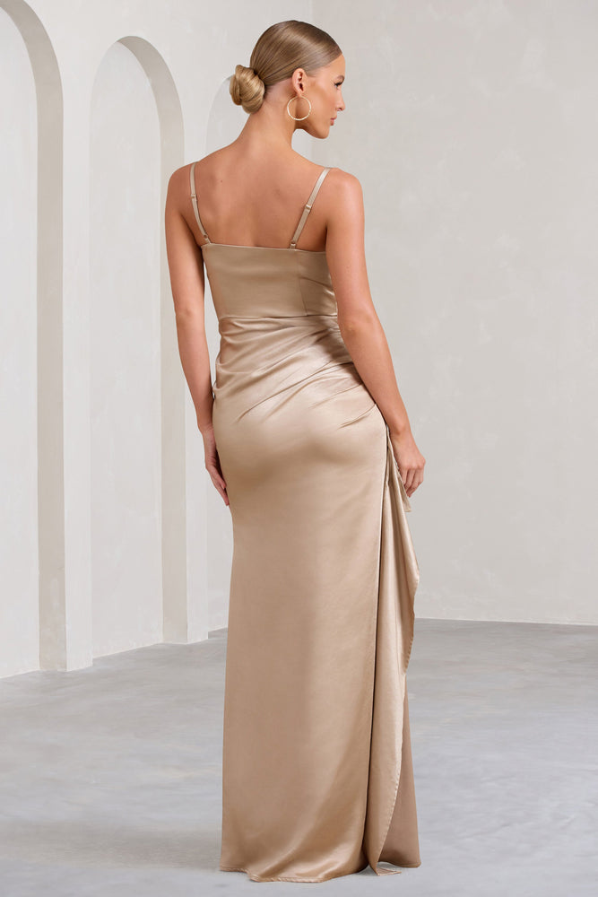 Buckingham Champagne Satin Pleated Split Maxi Dress – Club L 