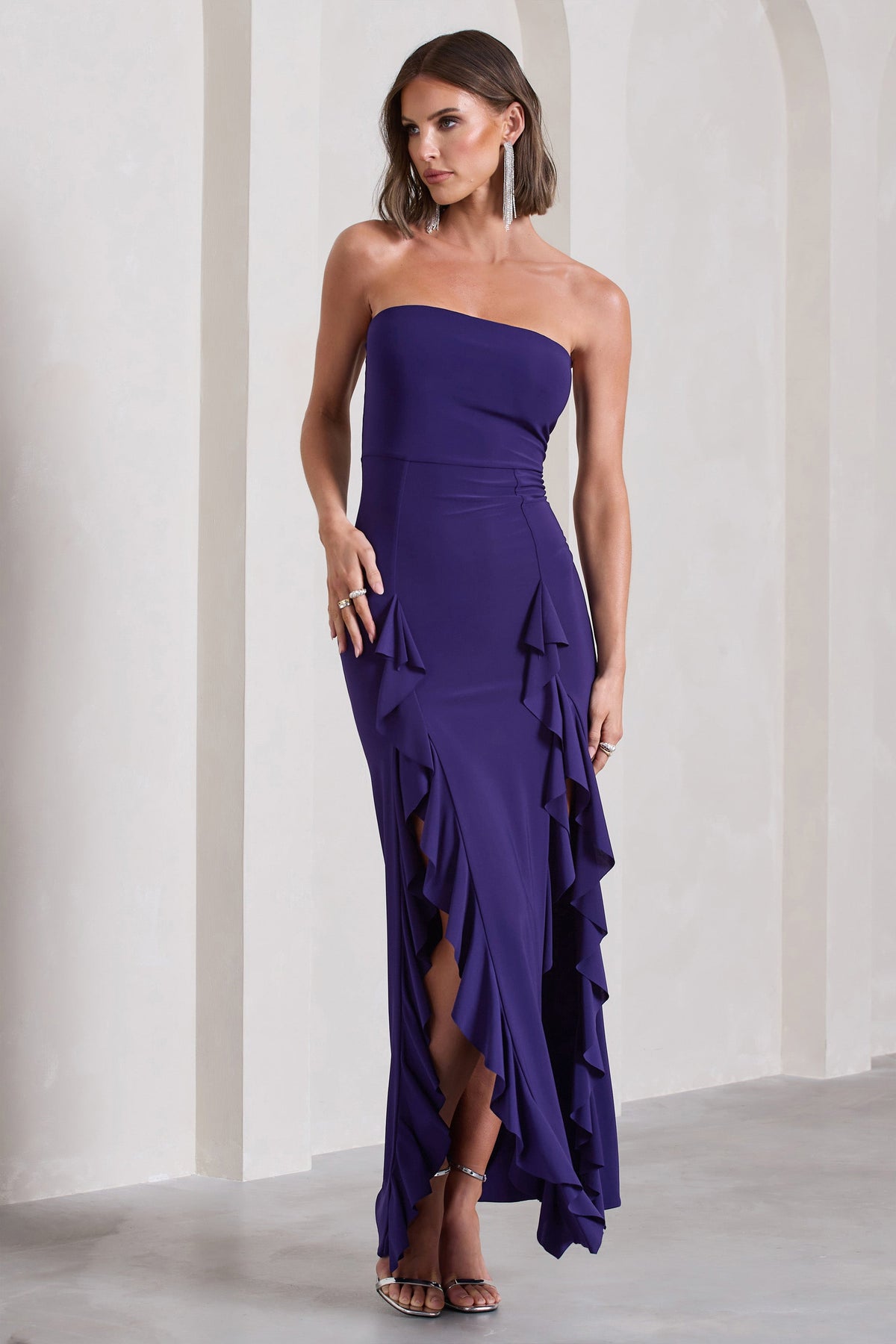 Susan | Purple Bandeau Maxi Dress With Ruffled Splits