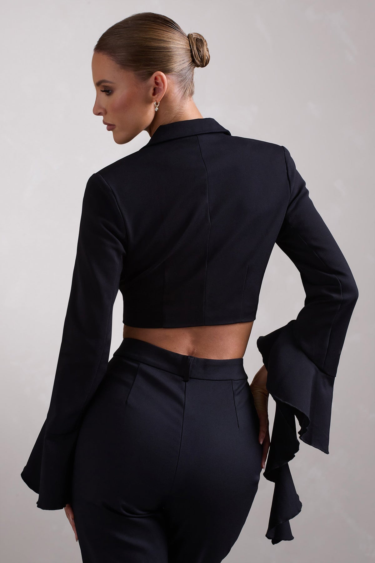 Sophie | Black Cotton-Blend Tailored Cropped Blazer With Ruffled Cuffs