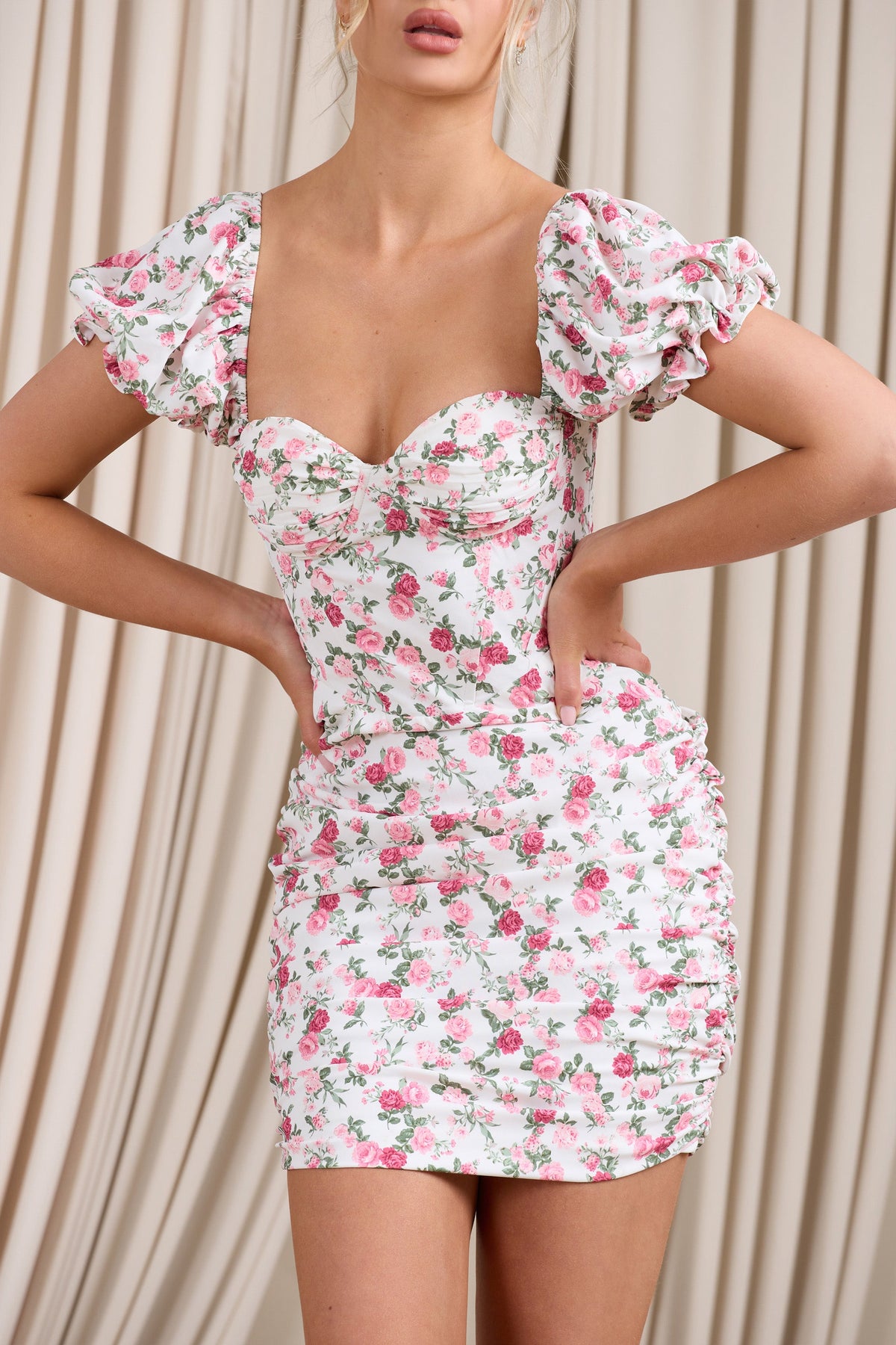 Freshly Picked Pink Floral Puff-Sleeved Corset Mini Dress – Club L