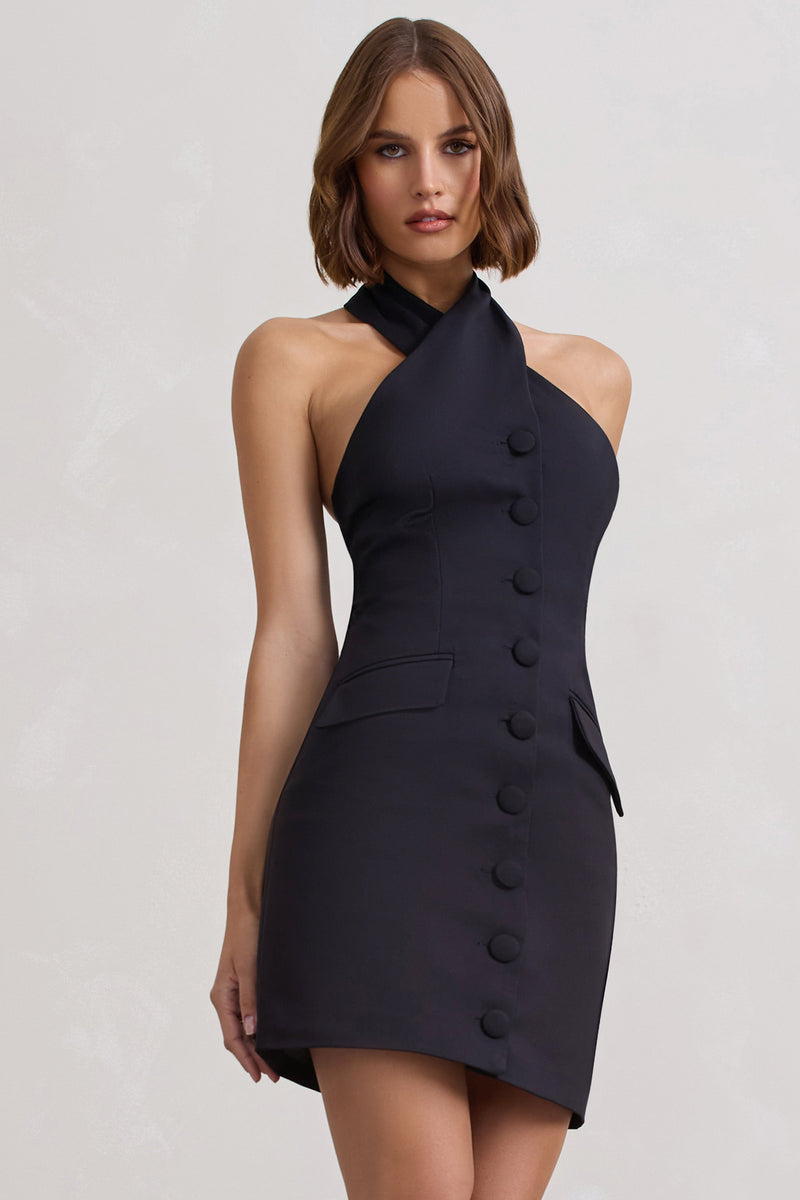 Dani Black Halter Neck Tailored Buttoned Bodycon Mini Dress – Club L ...