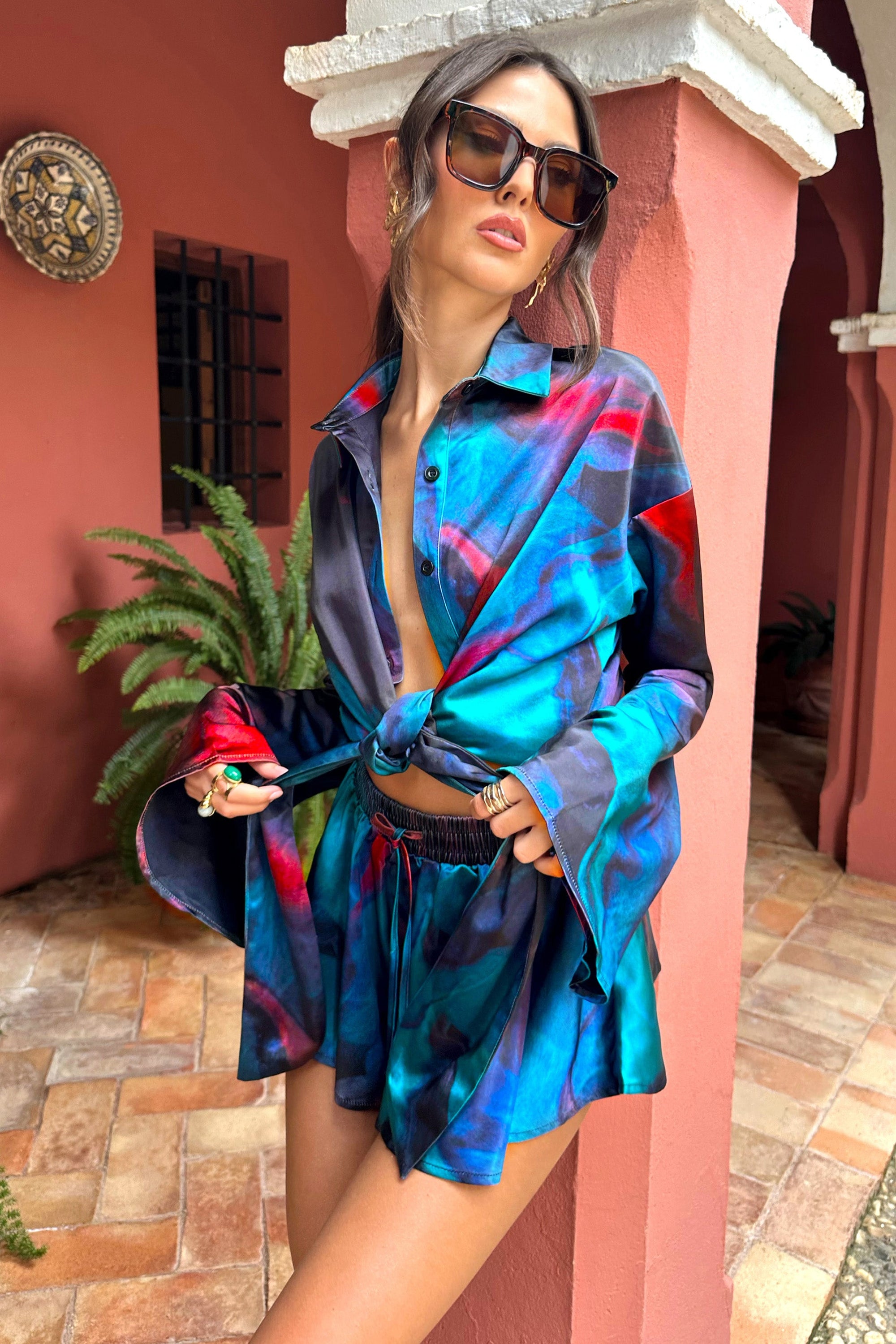 Keep Trying | Pantalones Cortos de Satén con Lazo en la Cintura con estampado Azul