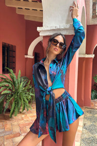 Marisela | Blue Print Satin Flared Sleeve Cropped  Shirt - Club L London - USA