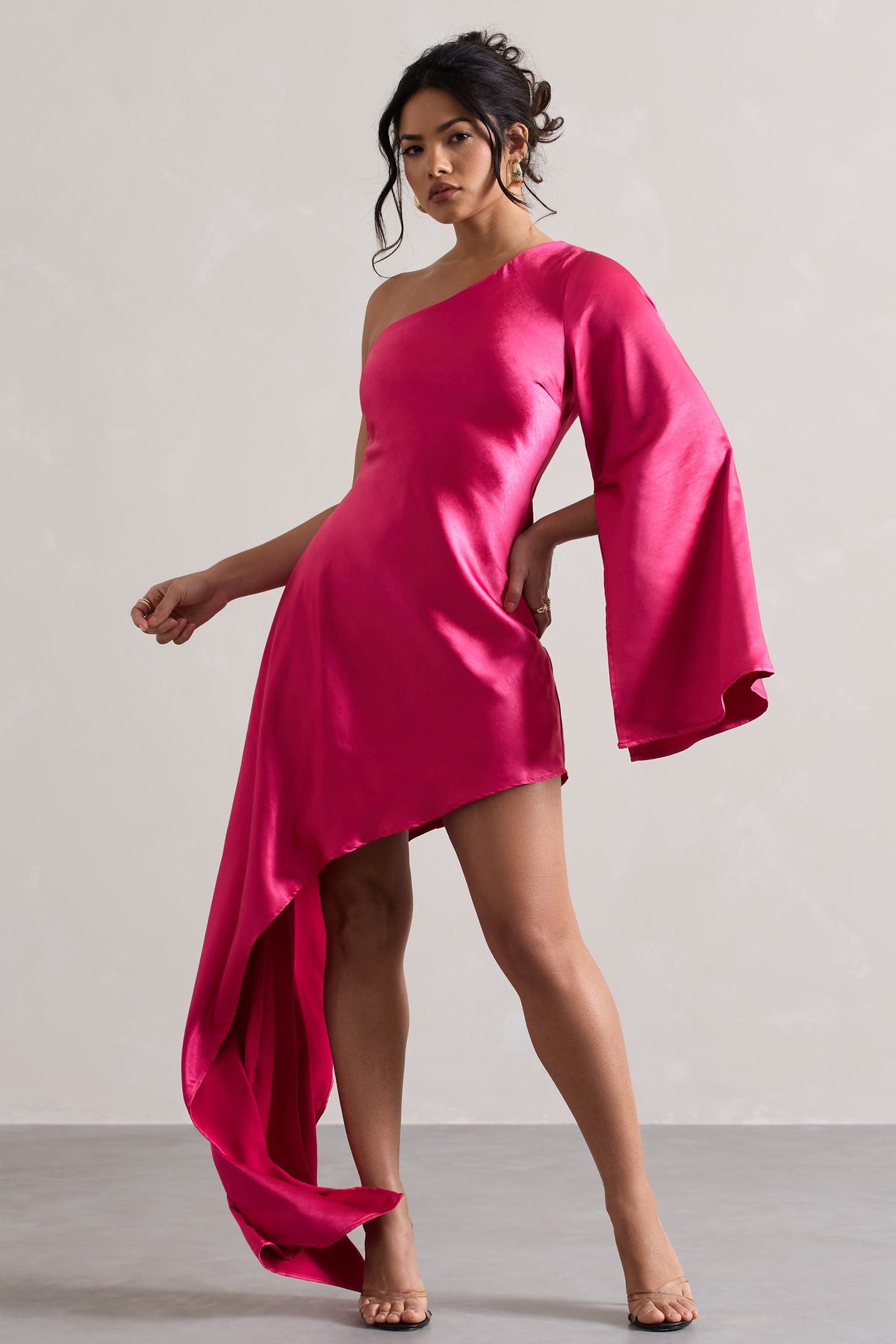 Hanna | Hot Pink One Shoulder Asymmetric Draped Satin Mini Dress