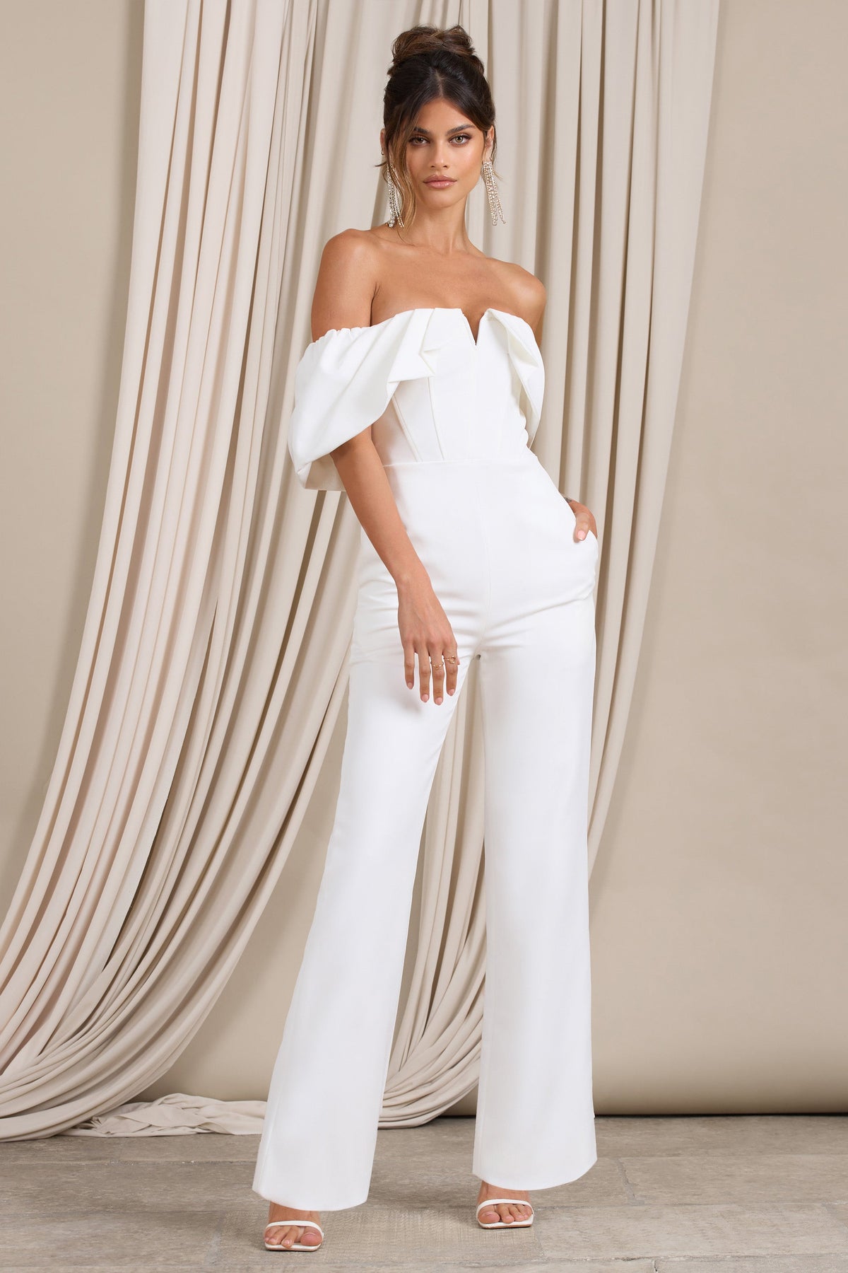 Time Will Tell White Off The Shoulder Wide Leg Jumpsuit – Club L 