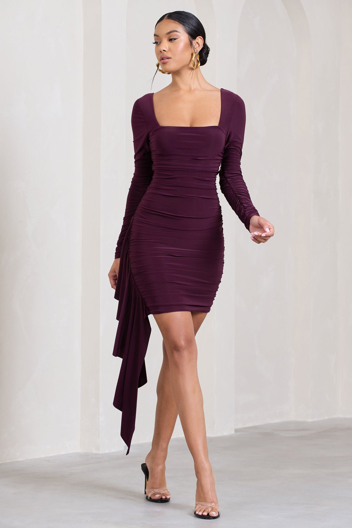 Crimson Cut | Plum Long-Sleeved Ruffled Bodycon Mini Dress