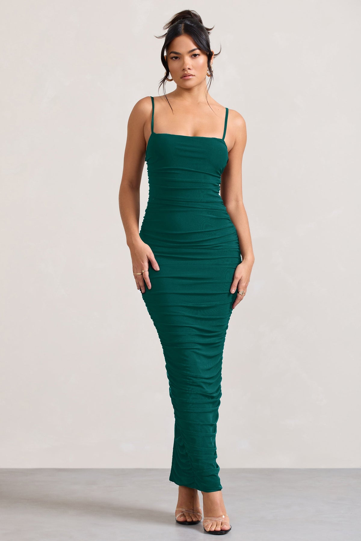 Ellis | Bottle Green Ruched Mesh Strappy Bodycon Maxi Dress