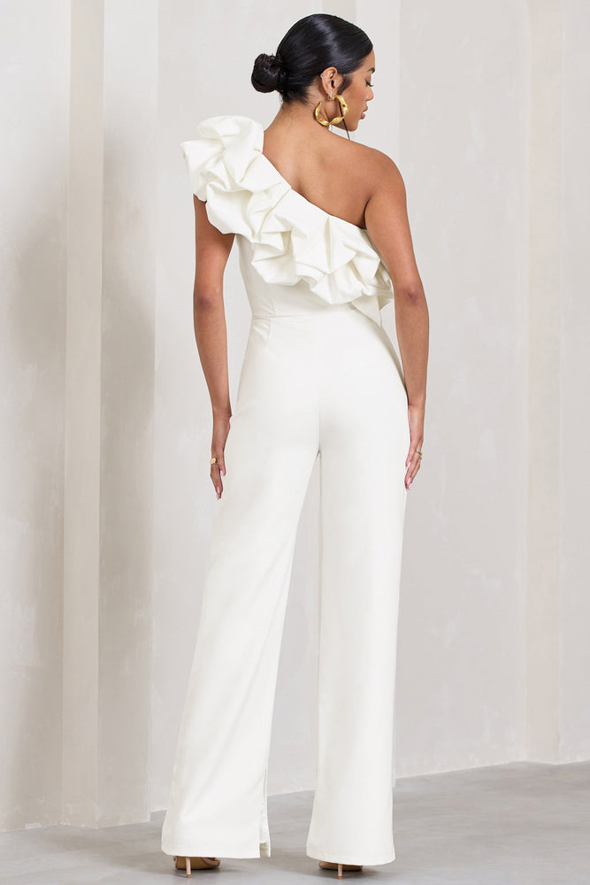 Monica | White Asymmetric Ruffled Wide-Leg Jumpsuit