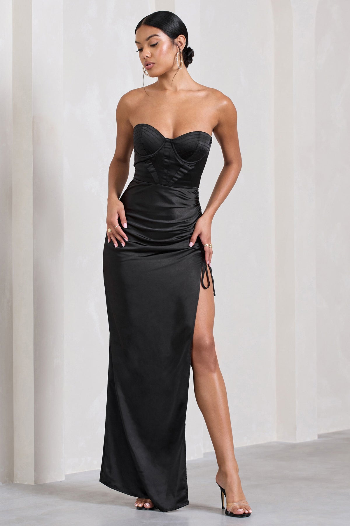 Custom Black Satin Sweetheart Corset Fishtail Maxi Dress – Club L