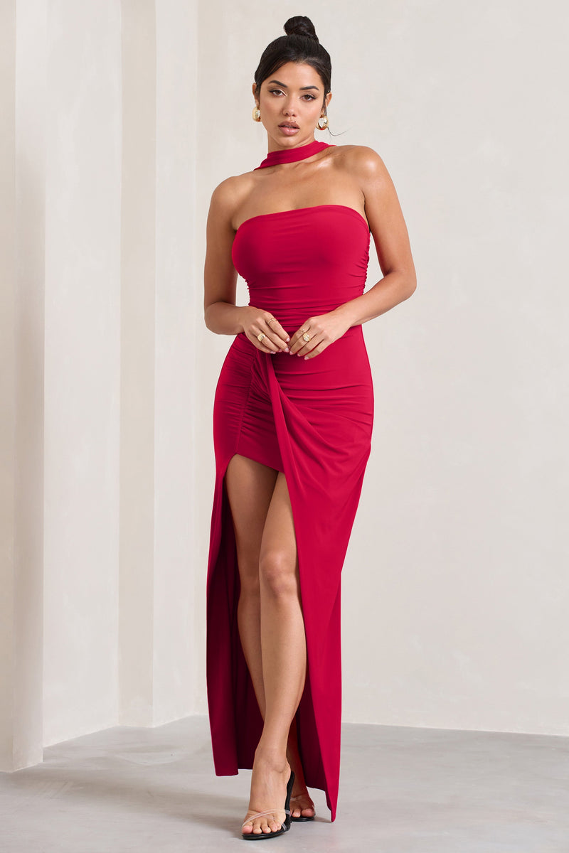Paprika Red Ruched Halter-Neck Bandeau Maxi Dress – Club L London - USA