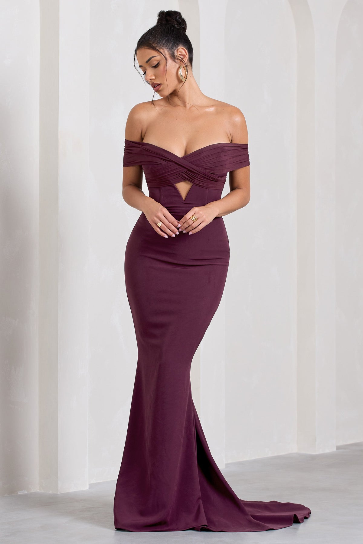 Inspiration Burgundy Sheer Bardot Fishtail Maxi Dress – Club L London - USA