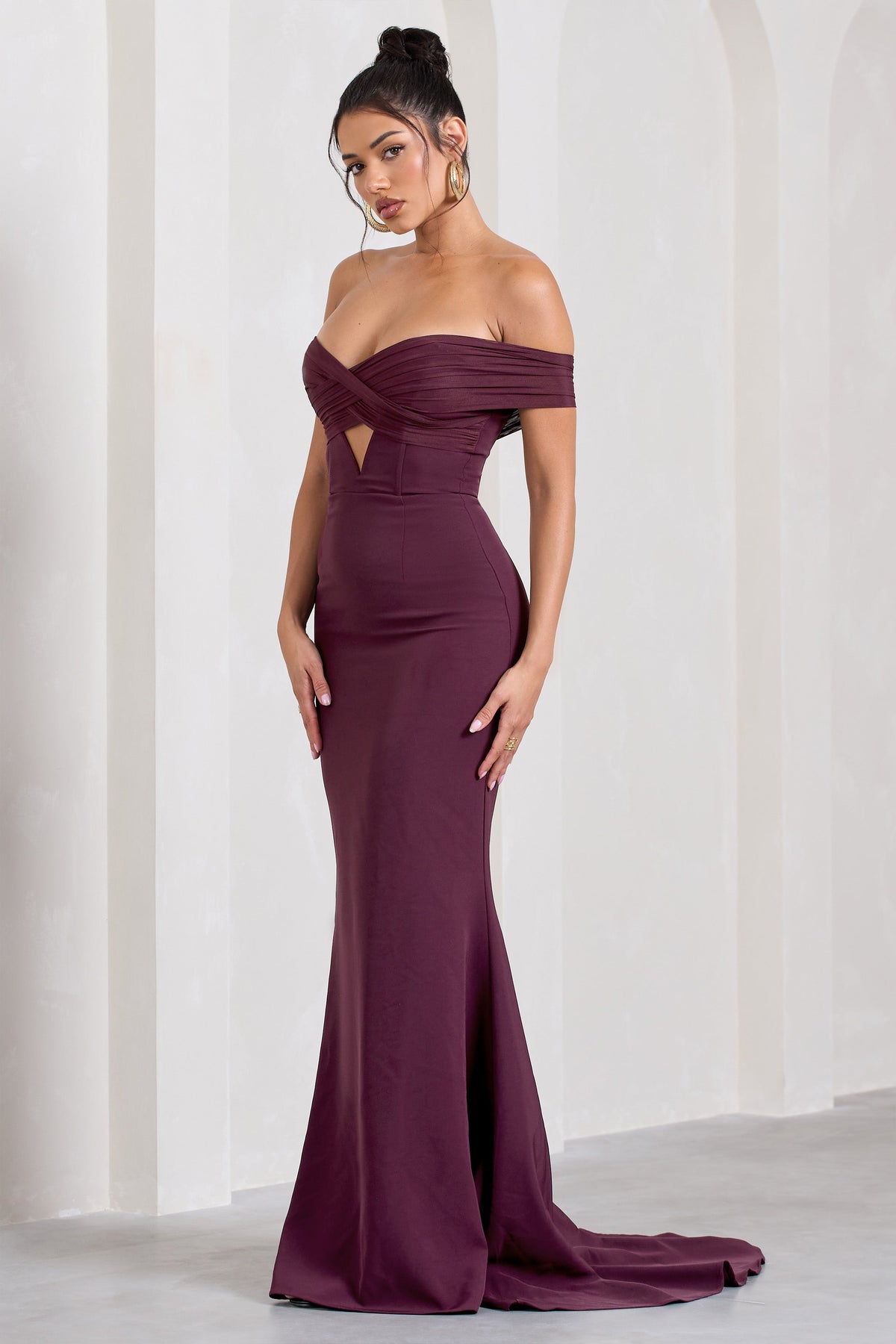 Inspiration Burgundy Sheer Bardot Fishtail Maxi Dress – Club L London - USA