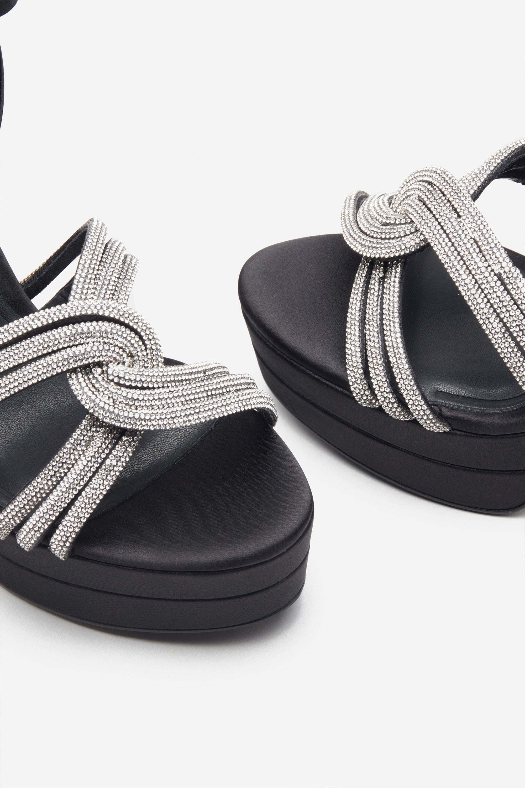 Doll Drama | Black Satin Diamante Strappy Platform Heels - Club L London - USA
