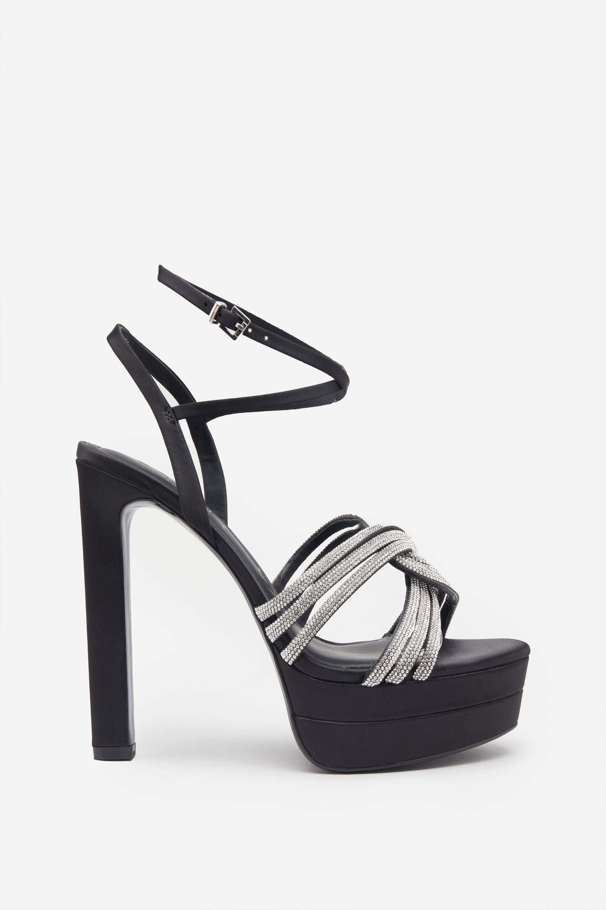 Doll Drama | Black Satin Diamante Strappy Platform Heels - Club L London - USA