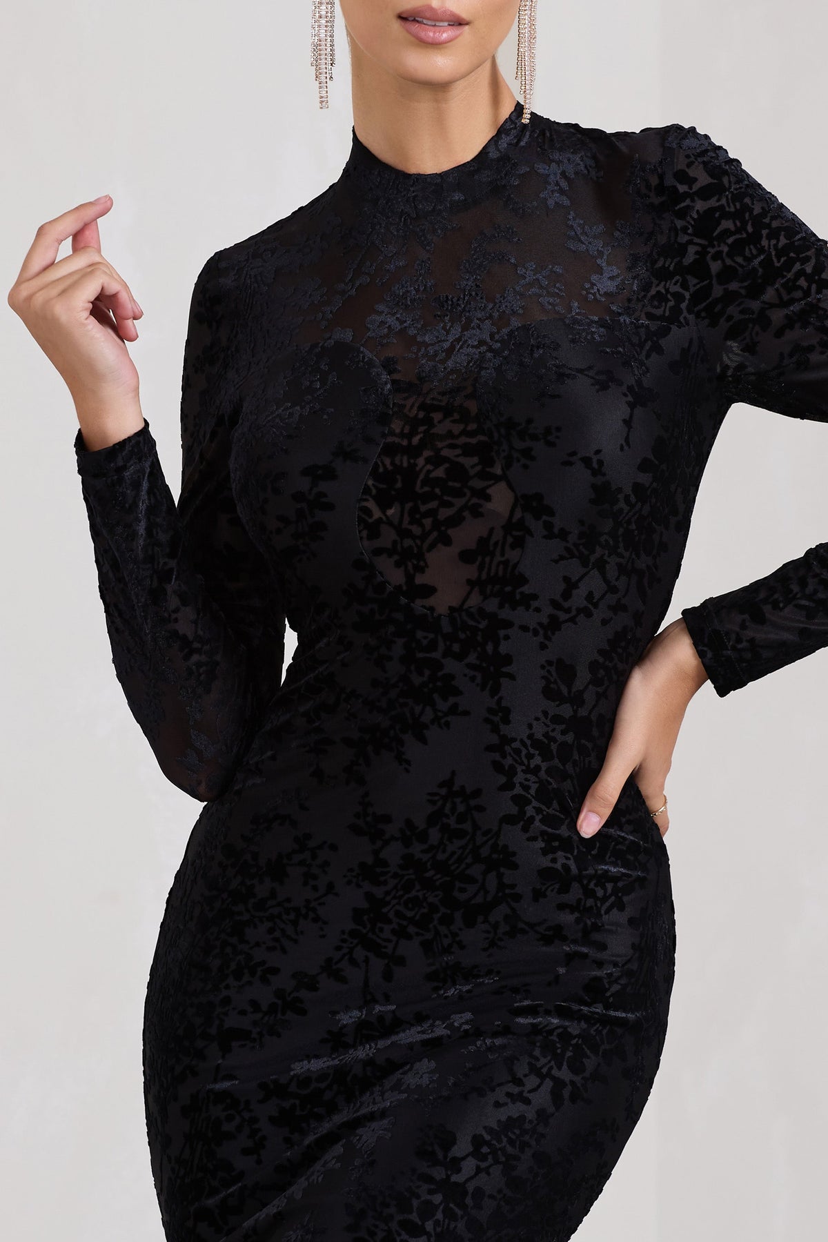 Chamonix Black Sheer Velvet Floral Long-Sleeved Midi Dress – Club